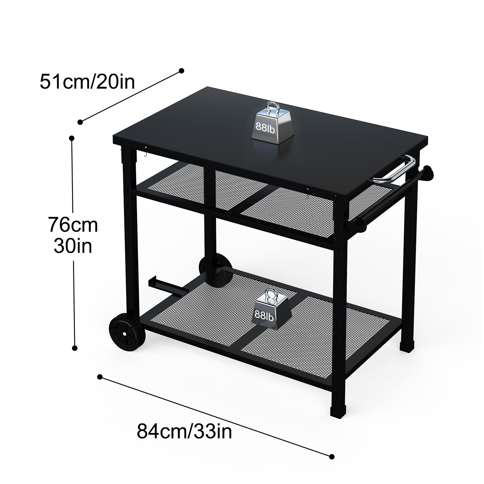 Carrito de barbacoa de metal, 3 niveles, carrito de cocina, con soporte para toallas de papel y ganchos, mesa auxiliar para exteriores (negro)