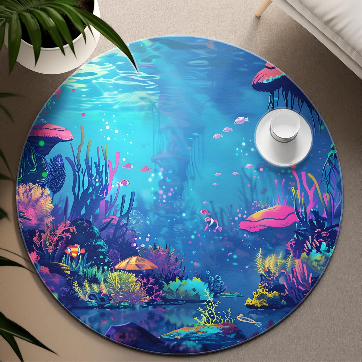 Blaue runde Teppiche 100cm Cartoon Unterwasser Korallen Fisch Szenerie Abwaschbarer Rutschfester Rücken mit niedrigem Florwurf Kreis Teppich für das Bett des Gästezimmers