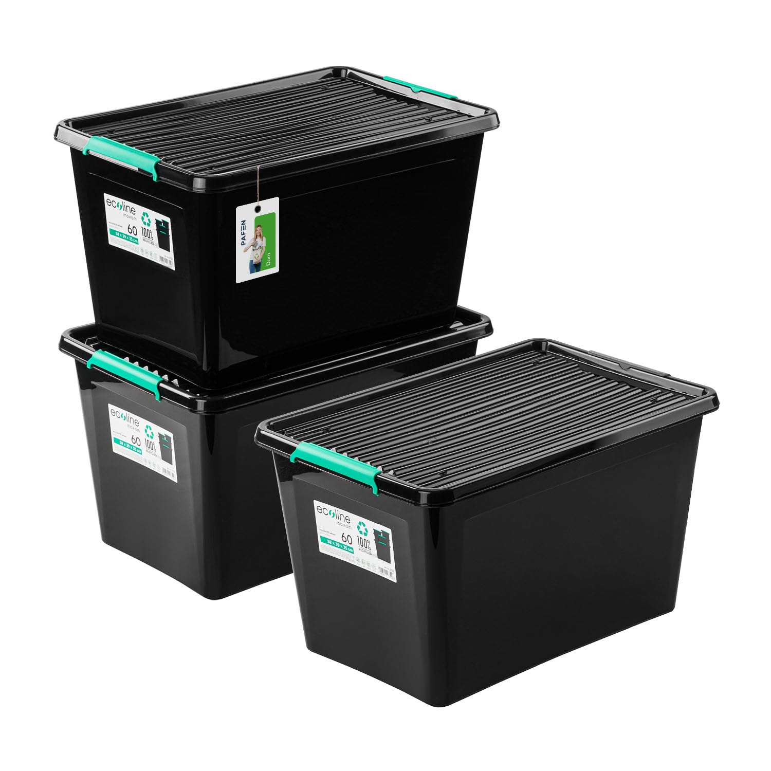 PAFEN 3x Aufbewahrungsbox auf Rädern Öko-Linie 60L - 58,5 39,5 x 35 cm - Boxen Aufbewahrung Stapelboxen mit Verschlussclips Kunststoffbehälter Kleiderboxen Organizer | Schwarz