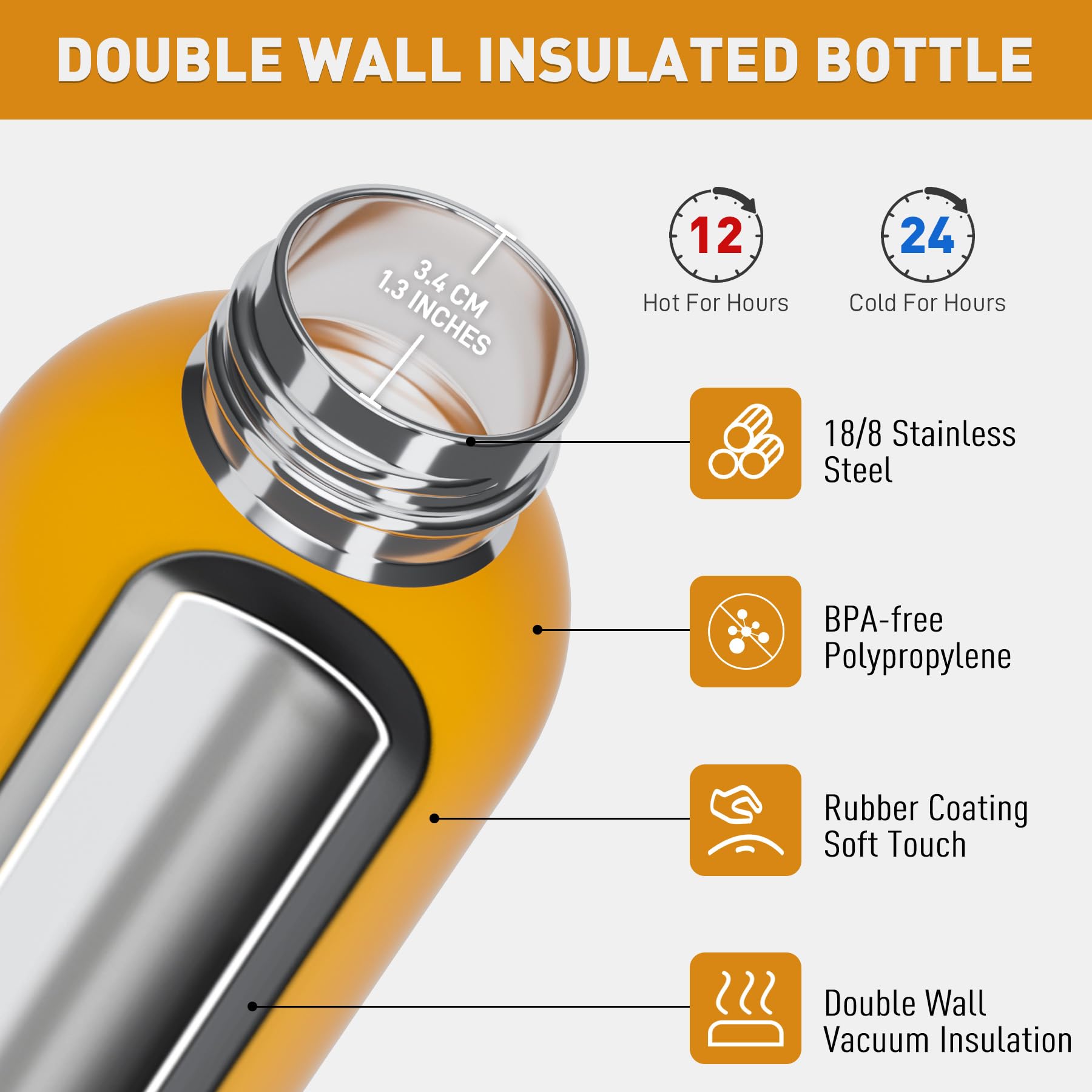 Exllena Borraccia Termica 500 ml con Maniglia e Moschettone - Borraccia 500 ml Mantenere Calore/Freddo - Senza BPA - 100% A Tenuta Stagna per Escursioni, Campeggio, Viaggi...(Mango)