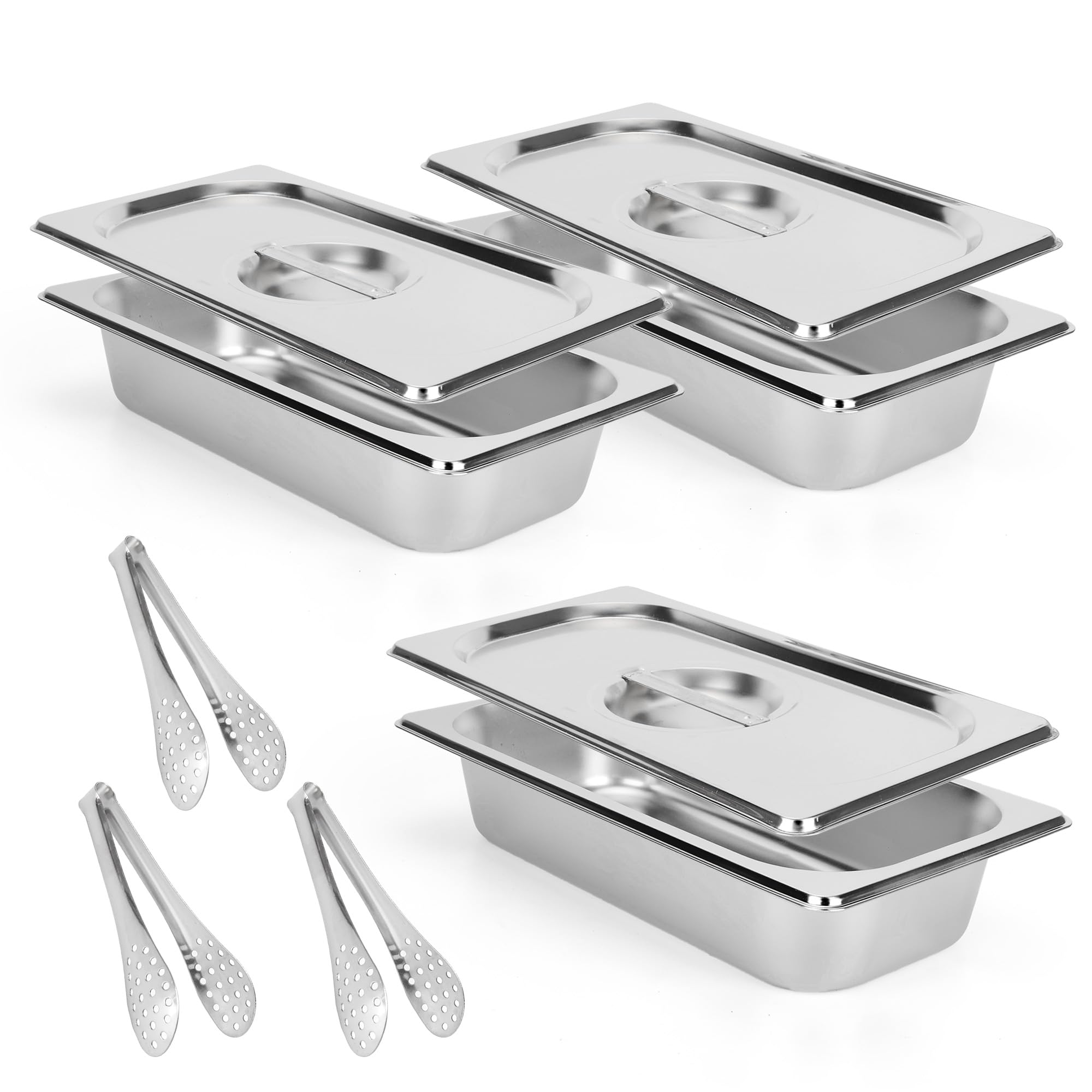 3 padelle Gastronorm rettangolari da 1/3, contenitori per alimenti in acciaio inox con coperchi e pinze da cucina, padelle profonde per Gon Bagnomaria 32,5 x 17,5 x 6,5 cm