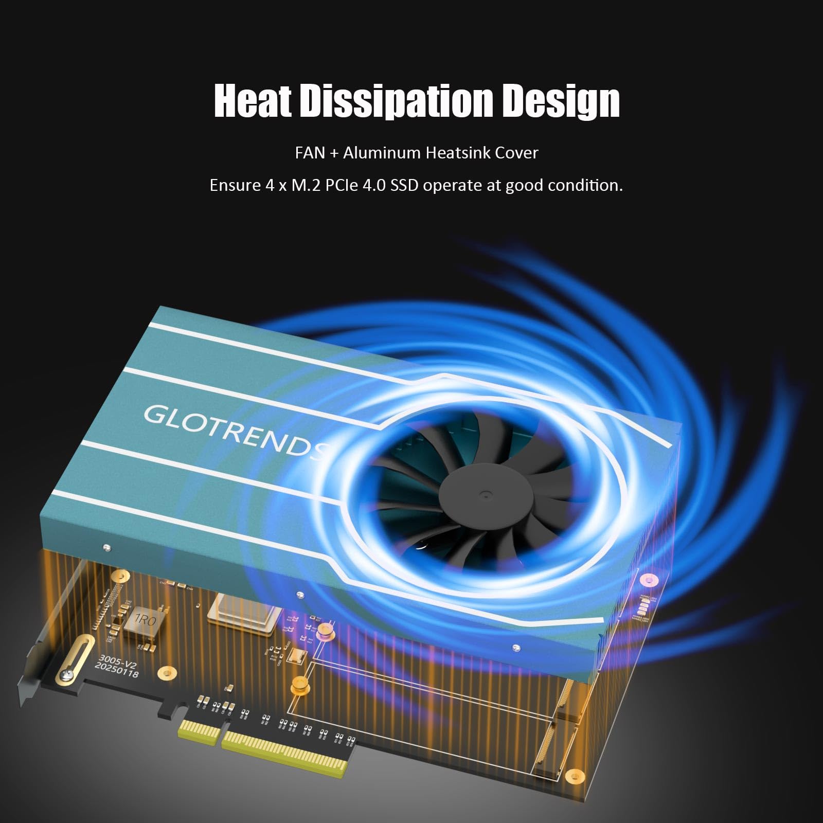 GLOTRENDS PA44 Quad Adaptador M.2 NVMe a PCIe 4.0 X8 con bifurcación PCIe, configuración de Raid M.2 NVMe Suave Mediante Herramienta del Sistema operativo (Solo Compatible con tamaño 2280)