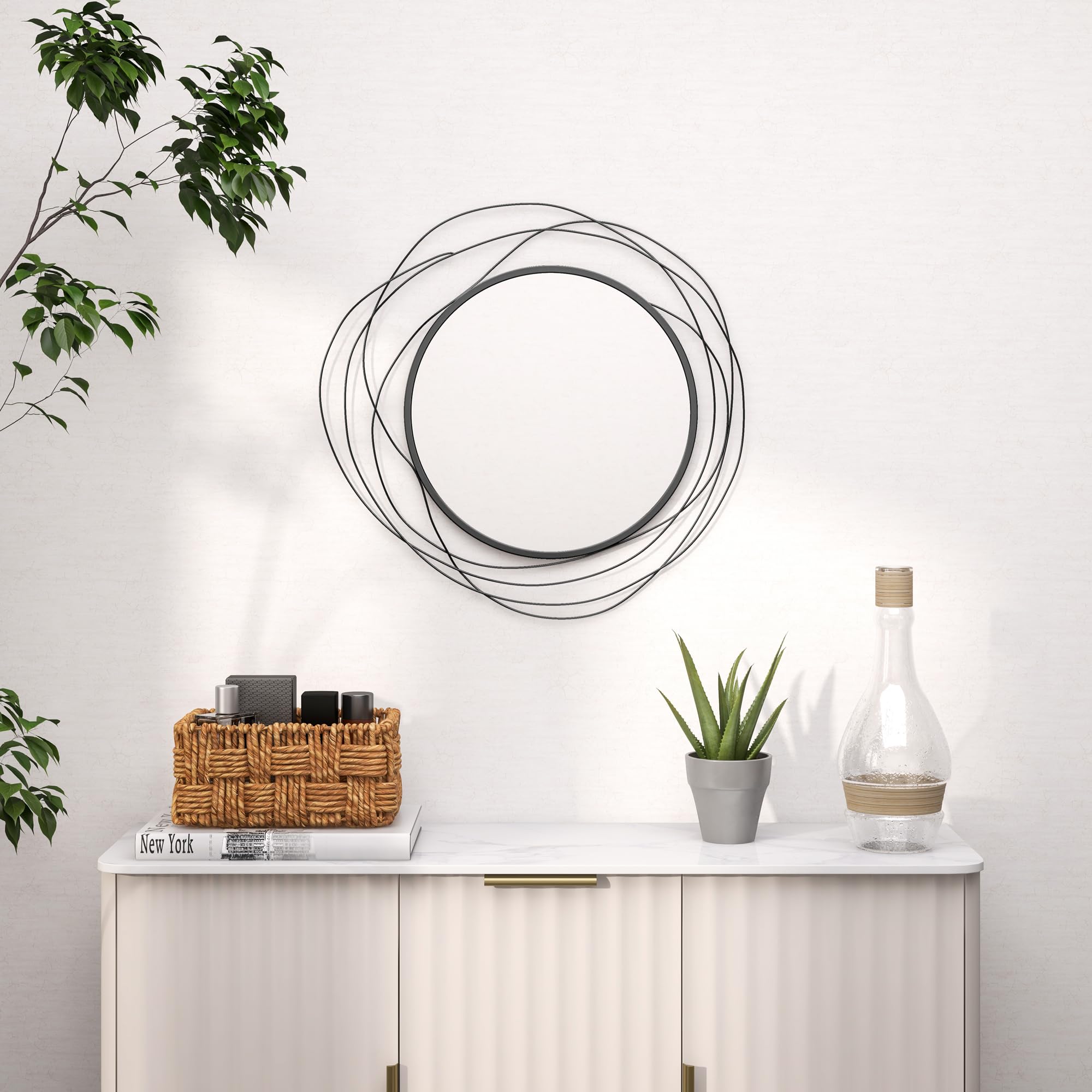 HOMCOM Miroir Rond en Métal Filaire Noir, Décoration Murale Ø65 cm