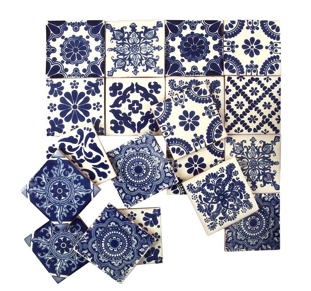 Cerames azulejos de mosaico Talavera Azul - 30 azulejos decorativos de cerámica mexicana para baño, ducha, escaleras, pared posterior de la cocina | azulejos de mexicanos 10,5x10,5 cm