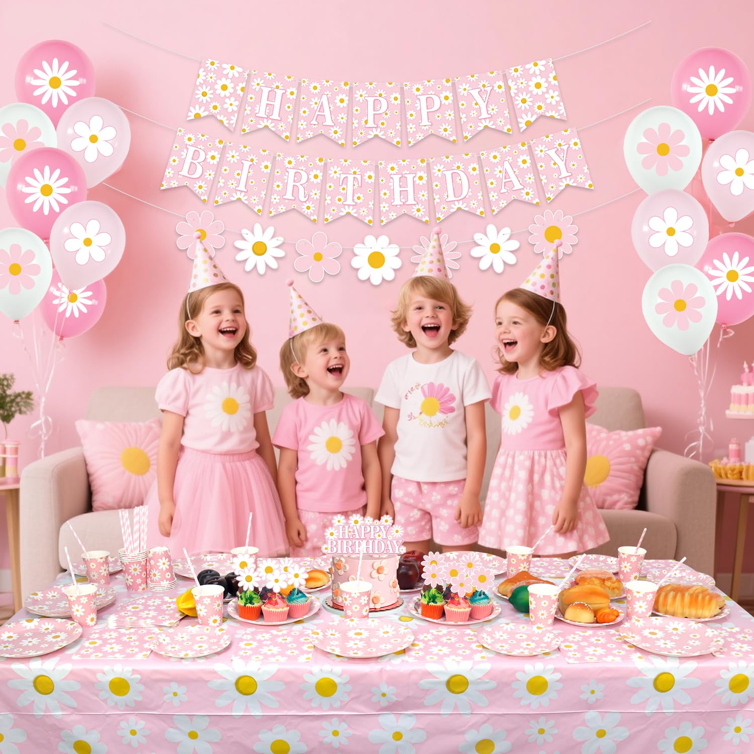 Pink Daisy - Decorazioni per feste di compleanno per ragazze, accessori per feste con striscioni, piatti, decorazioni per torte, bicchieri, tovaglioli, palloncini, tovaglie, per 20 persone