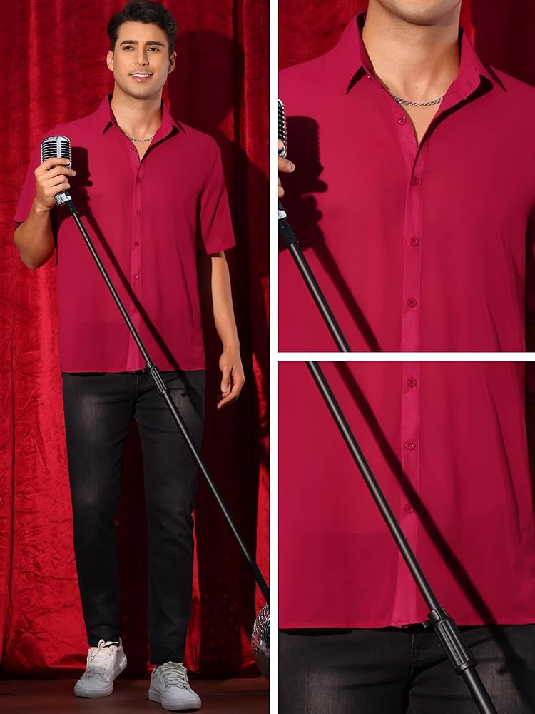 Amazon.com: Lars Amadeus Burgundy Sheer Shirt for Men's Short