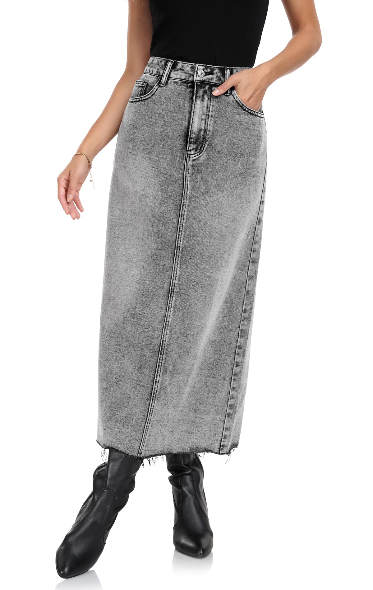 MISS MOLY Women's Jean Skirt Stretch High Waisted Frayed Raw Hem A Line Denim Midi Skirt with Pockets