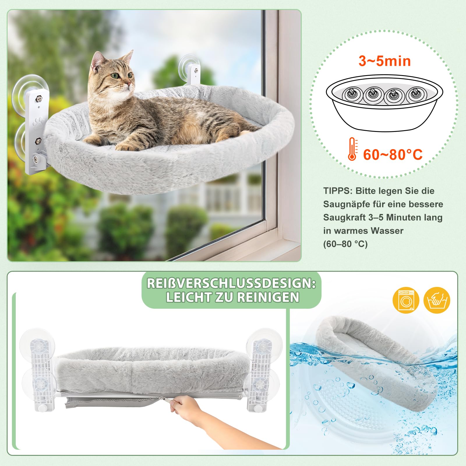 GUUSII HOME Fensterliege für Katzen Katzenbett Fenster Hängematte Katzenhängematte Katze Fensterbank Katzenliege Klappbar Fensterliegeplatz Fensterhängematte Katzenhängebett Bis zu 18kg (Grau, M)