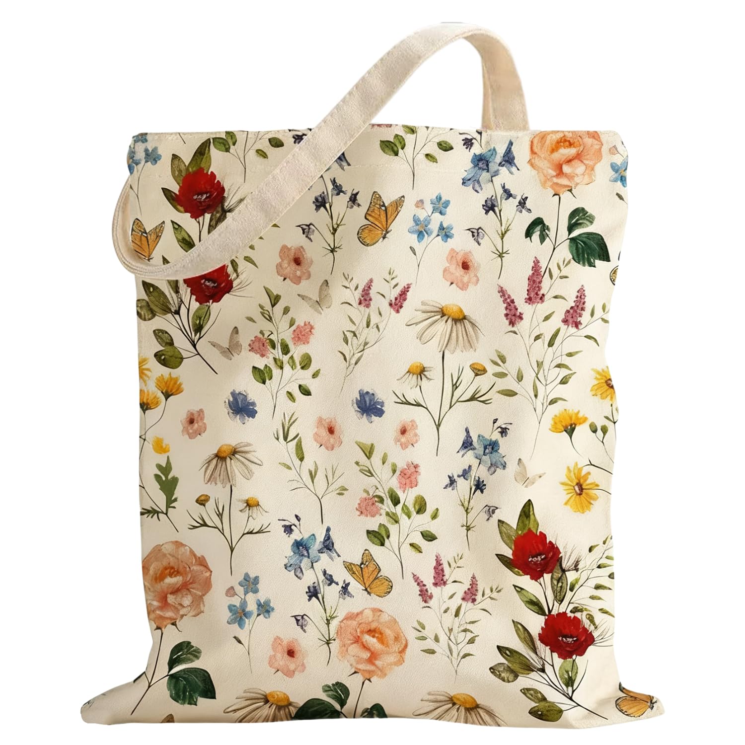 Crilemonis Floral Canvas Tote Bag for Women, Reusable Washable Foldable Shopping Bag with Double-Sided Flower Print, Lightweight Shoulder Bag for Travel, Work, Grocery, Beach and Daily Use