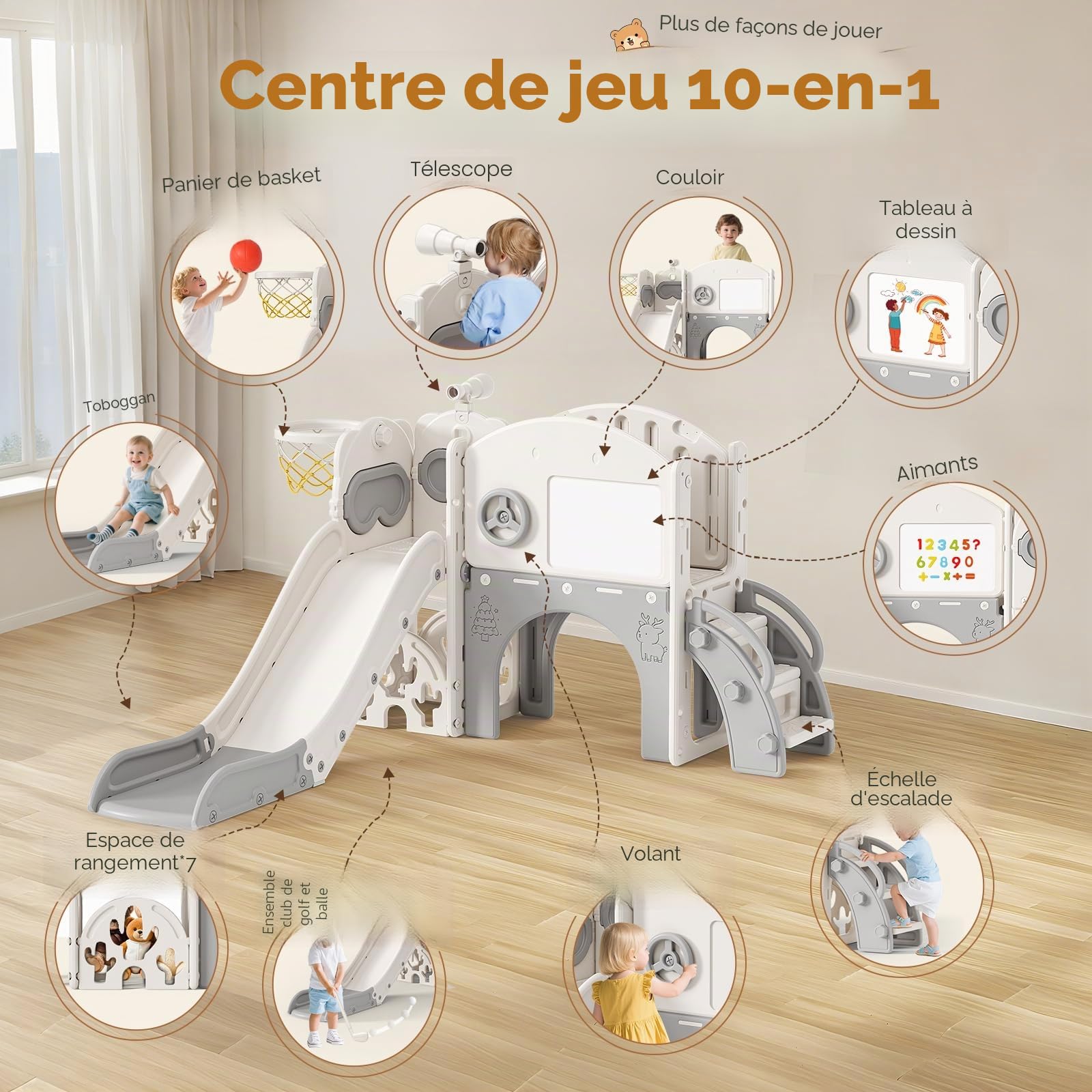 Toboggan pour Tout,Toboggan 10 en 1 pour Enfants avec Structure d'escalade,Golf,Panier de Basket et Tunnel,Ensemble de Toboggan en Plastique pour l'intérieur,Jouet Montessori pour l'aire de Jeux
