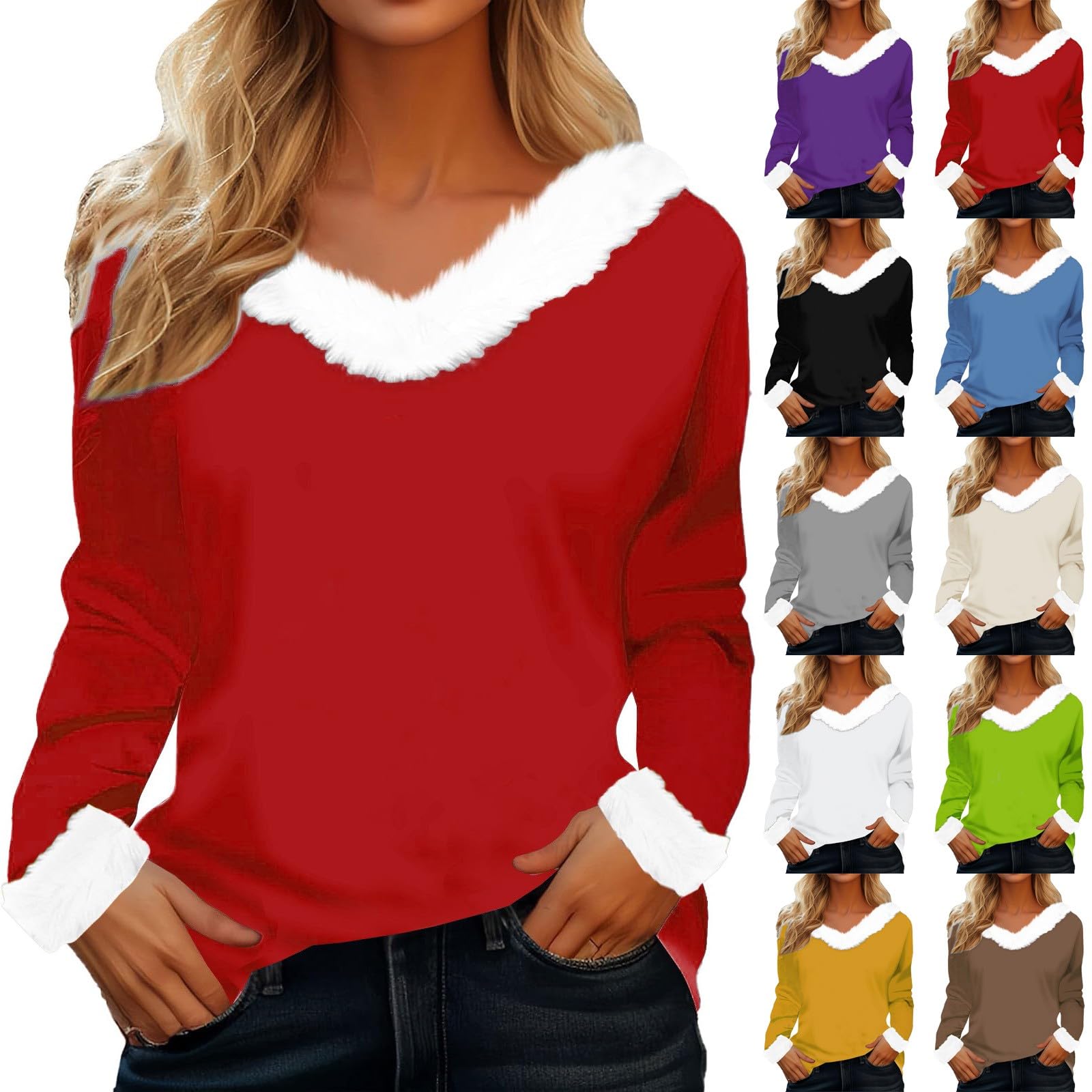 Christmas Sweater for Women - Xmas V Neck Faux Fur Trim Sweaters Casual Loose Sweatshirts Long Sleeve Pullover