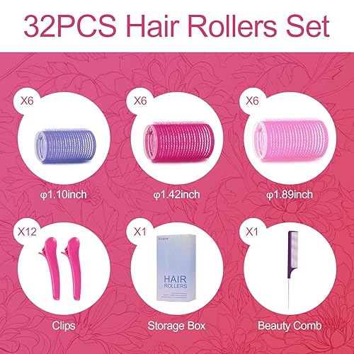 Miniatura 5 de Juego de 31 rodillos de pelo sin calor, rulos de pelo autoadhesivos para cabello largo mediano y corto, 3 tamaños de rodillos de pelo grandes,
