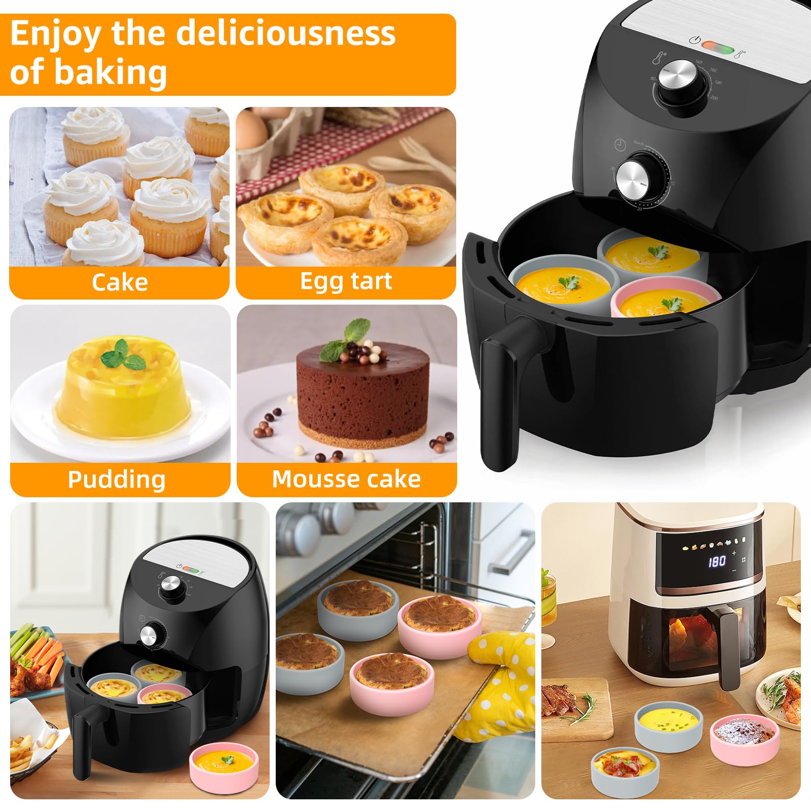 Moldes para huevos para freidora de aire, moldes de silicona antiadherentes, vasos escalfadores de huevos resistentes al calor, accesorios reutilizables para cocinar y hornear huevos y magdalenas, 4