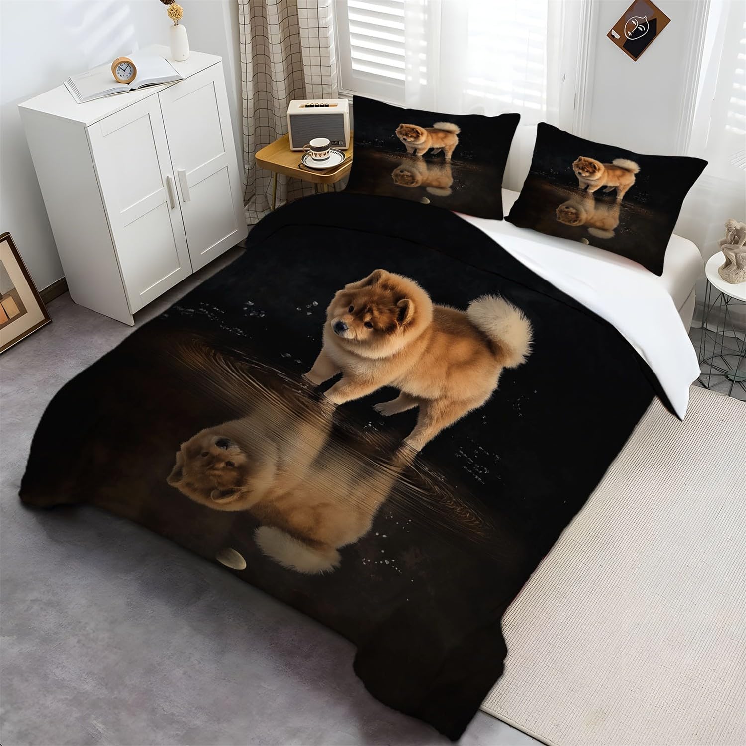 Zestaw poszewek na kołdrę z nadrukiem zwierzęta chow chow szczeniak zestawy pościeli z poszewkami na poduszki 260 x 220 cm, polibawełna, luksusowa poszewka na kołdrę dla chłopców - zestaw pościeli dla
