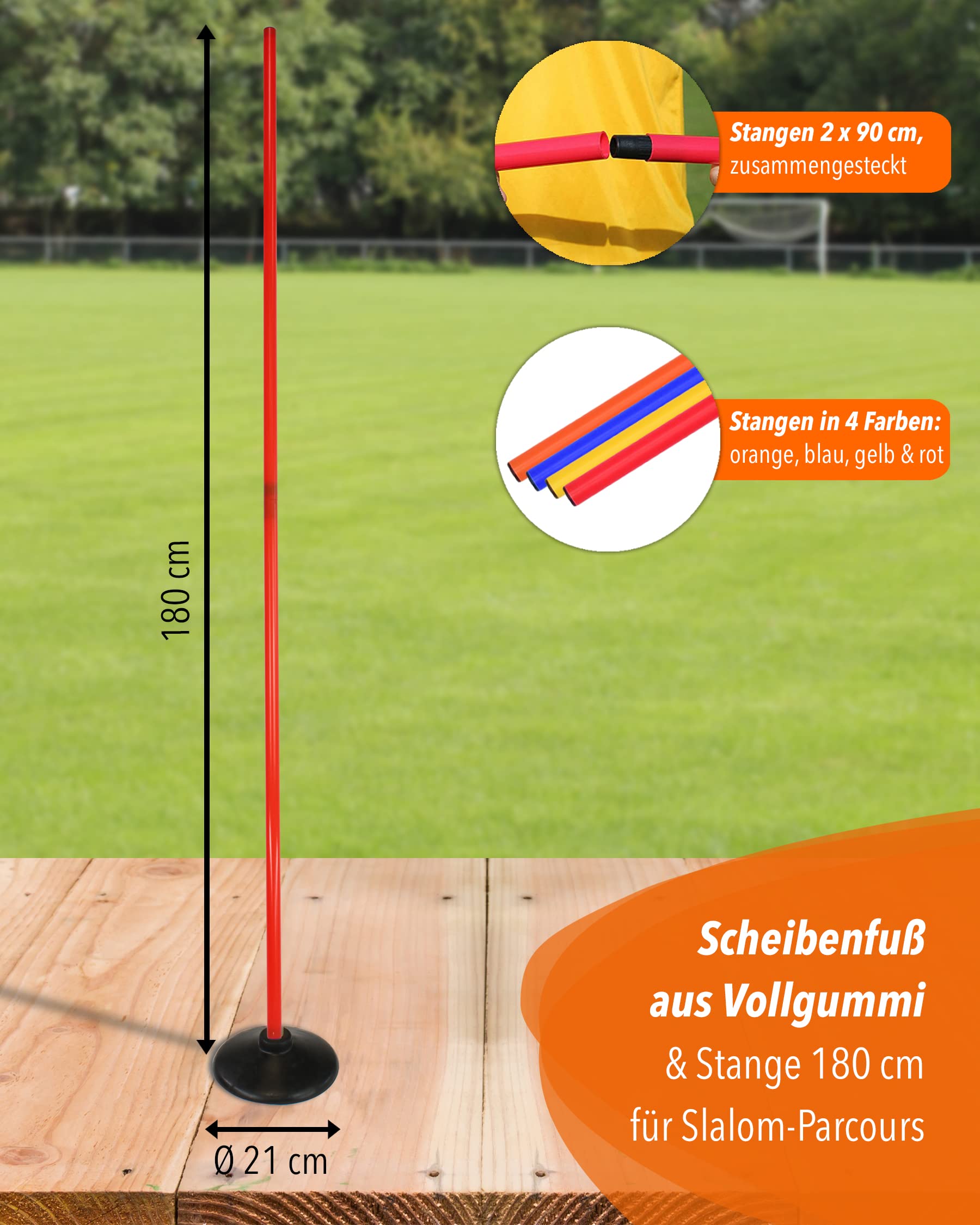 Pied à disque combiné en caoutchouc plein et barre de slalom 180 cm - Lot de 4 - Base en caoutchouc et barre pour slalom et entraînement de coordination - Pour football et sports canins