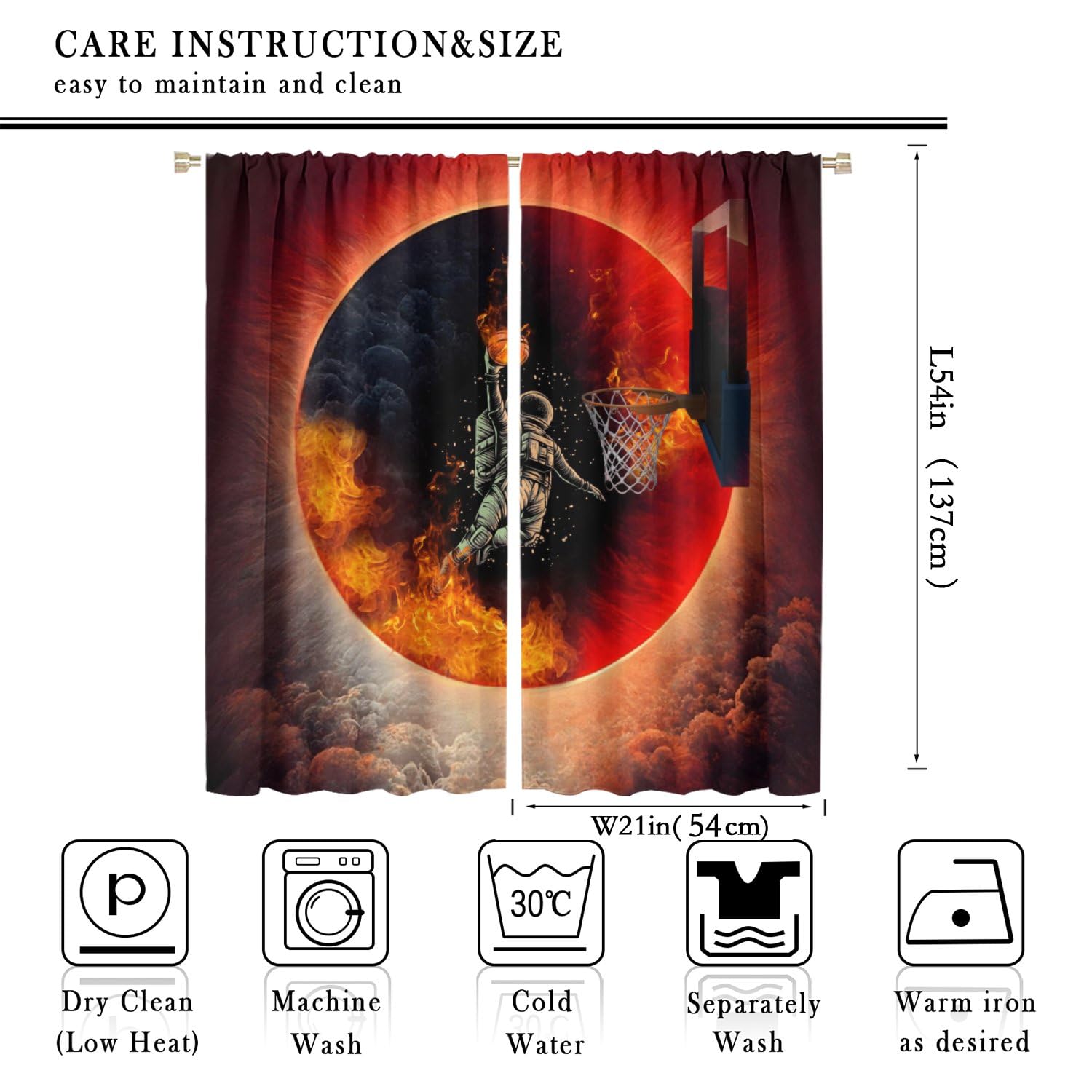 Brebasf Cool Space Astronaut Curtains - Modern Fantasy Sports Player Flame Basketball Window Curtain Room Darkening Blackout Curtains Thermal Insulated Rod Pocket Curtains 2 Panels 54