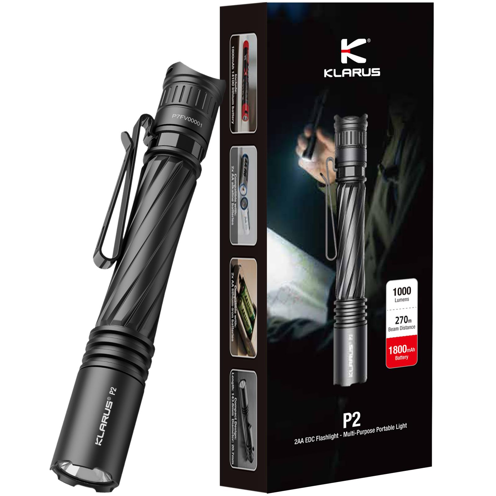 Klarus P2 - Đèn pin EDC 1000lm, sạc USB-C, pin 14100/AA
