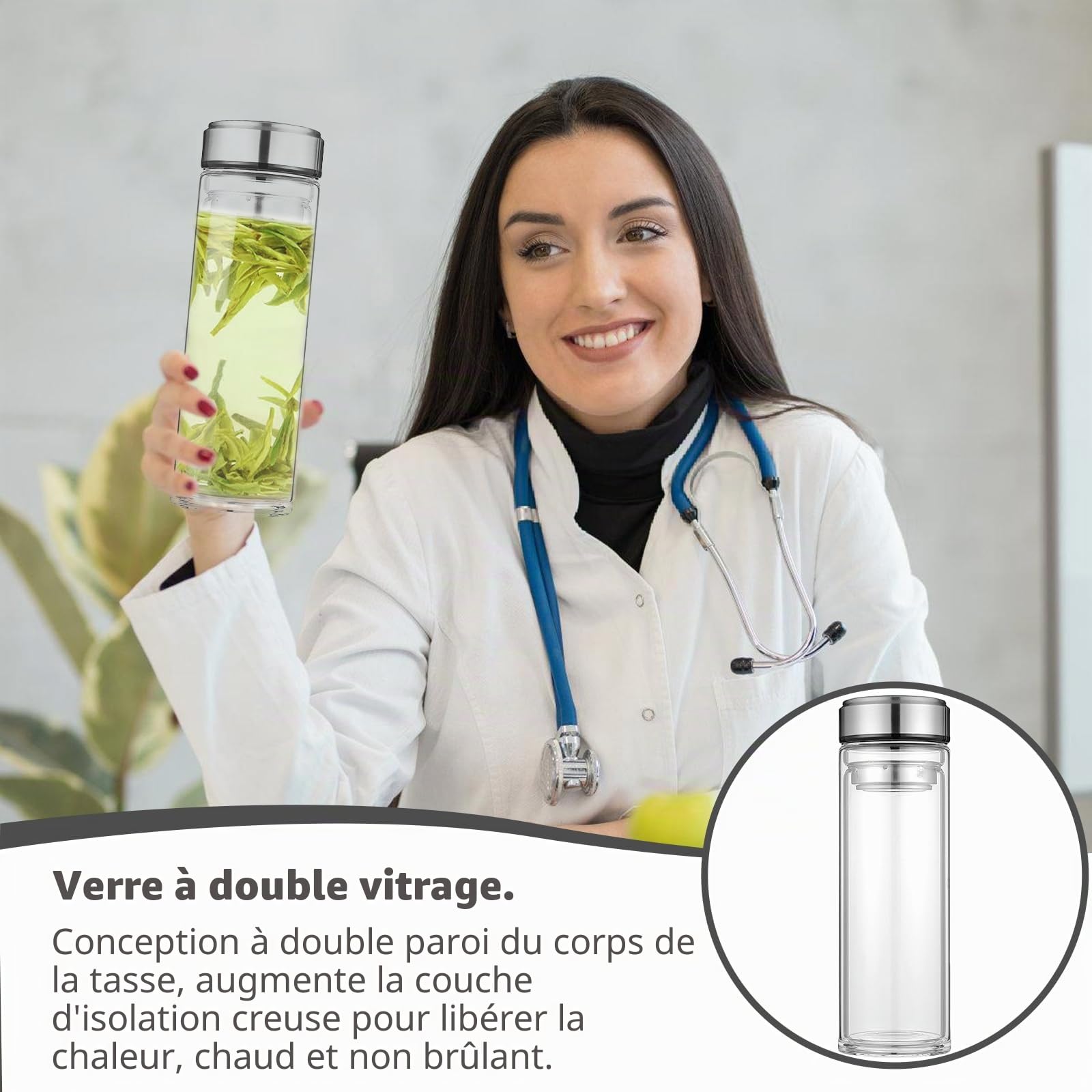 Bouteille en verre de 1 litre, gourde à double paroi de 1 l, gourdes avec brosse, ensembles de tasses, bouteille à thé avec passoire à emporter