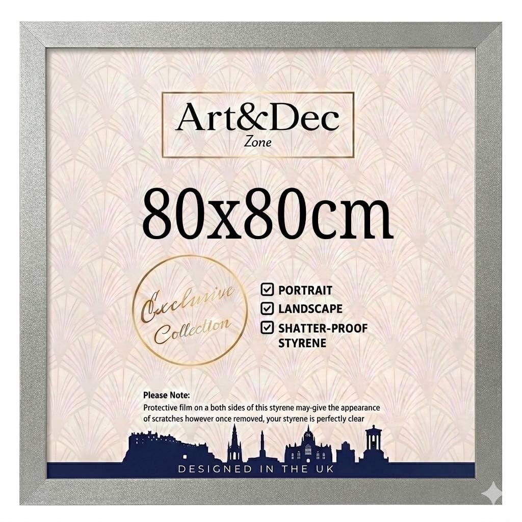 Art & Dec Zone® Modern Silver Poster Frame 80x80 cm Square MDF Picture Frame with Shatterproof Acrylic - Wall Hanging Poster Home & Office Decor