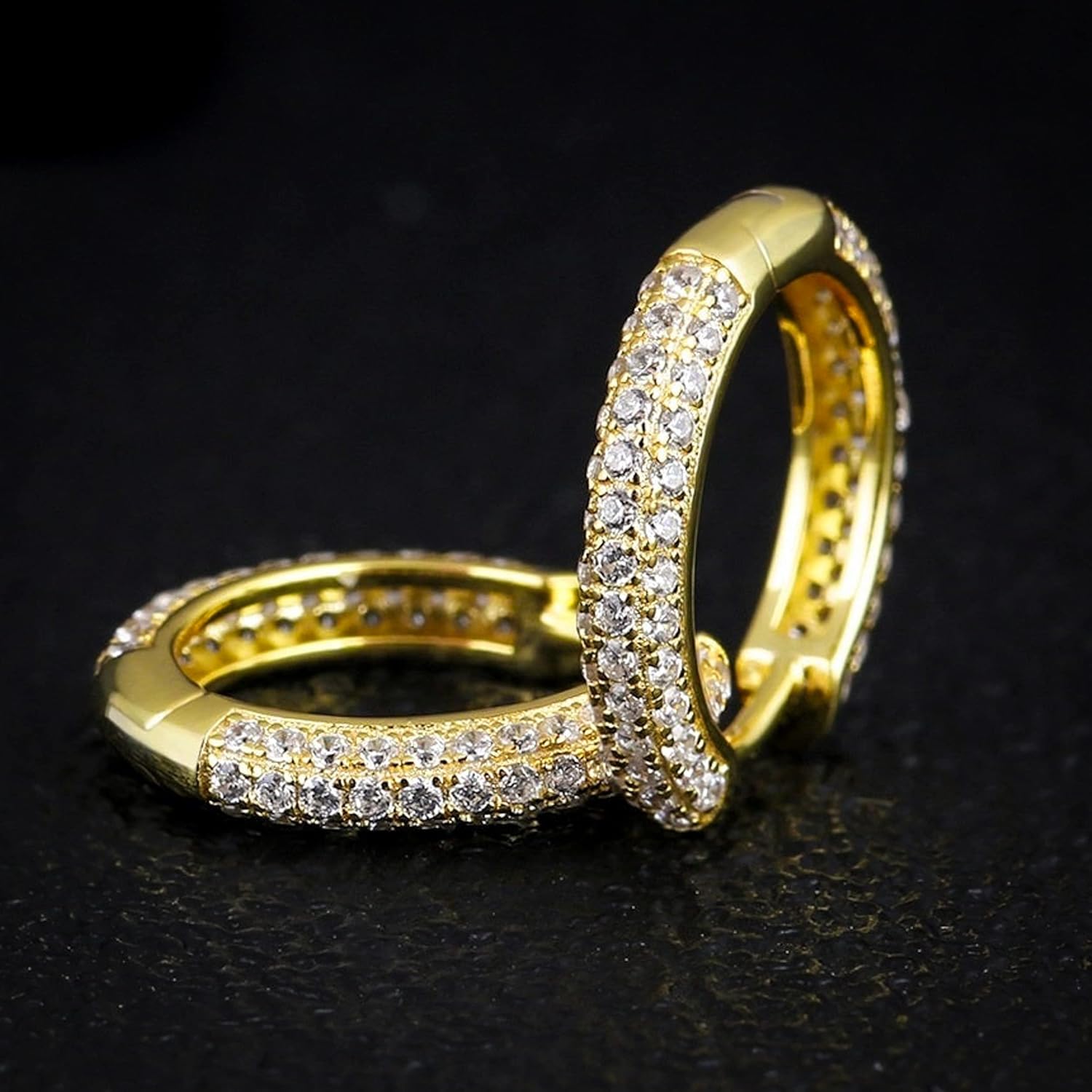 Fully Iced Cz 14K Yellow Gold Plated 925 Sterling Silver Post Small Thin Fashion Huggie Hoop Earrings For Men And Women Lightweight Hypoallergenic 11mm Hoop Earrings - Image 2