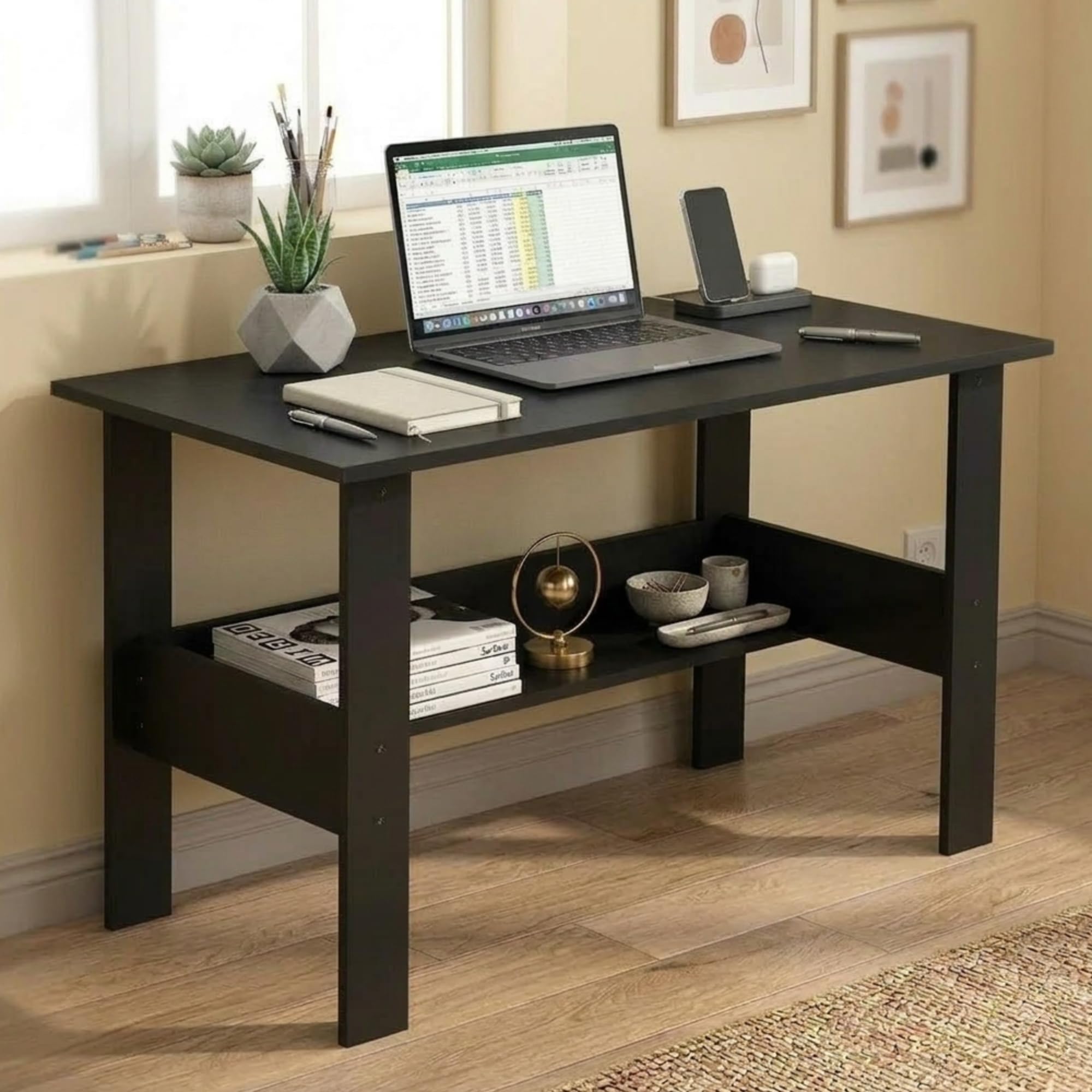 Callas Engineered Wood Computer Desk with Shelf – Modern Laptop Study Table for Home Office, Workstation & Writing Desk for Students and Professionals (ST-09-Black)