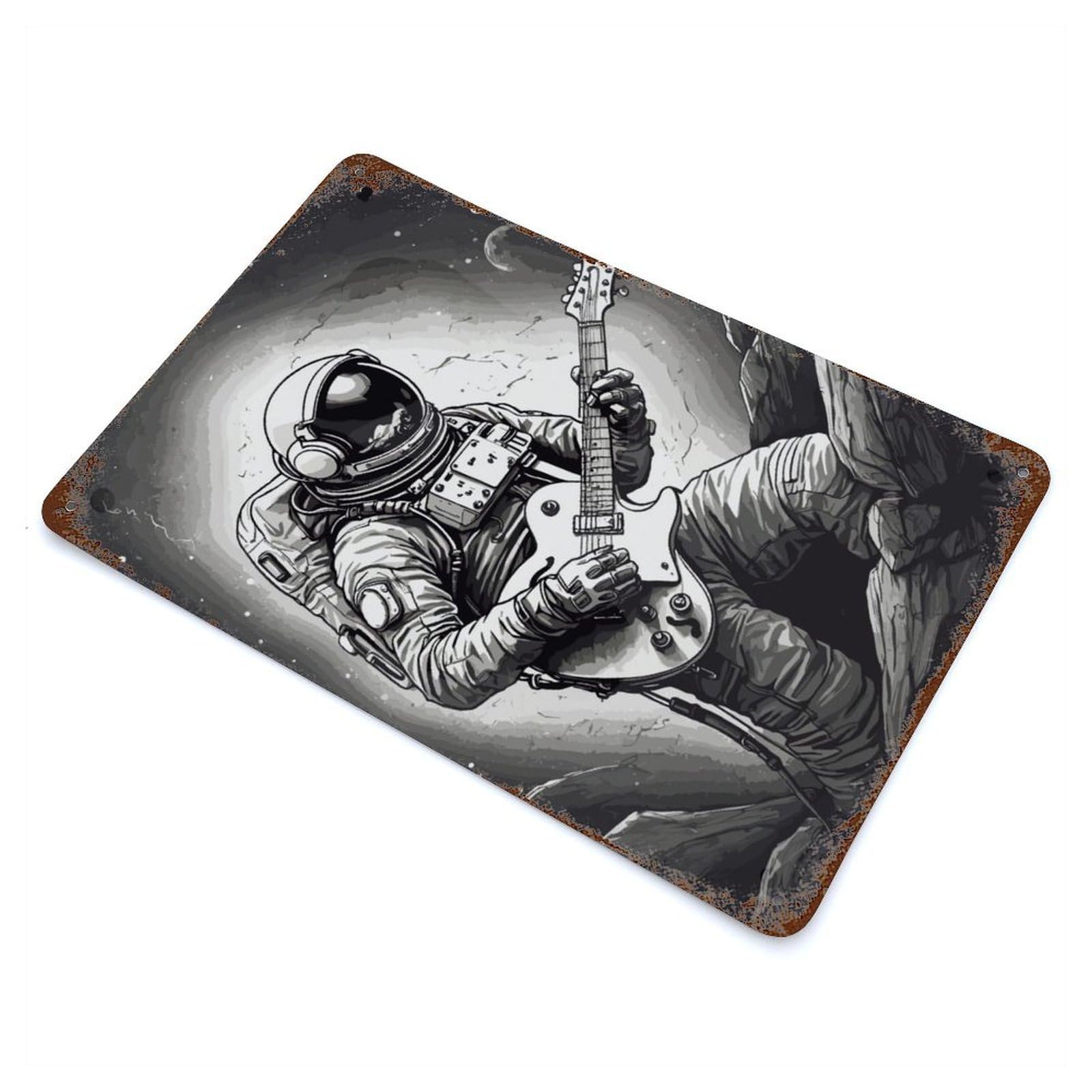 Astronaut Space Guitarist Rustic Tin Plaque 11.8"x7.9", Ideal for Shed, Workshop And Garage Wall Decor