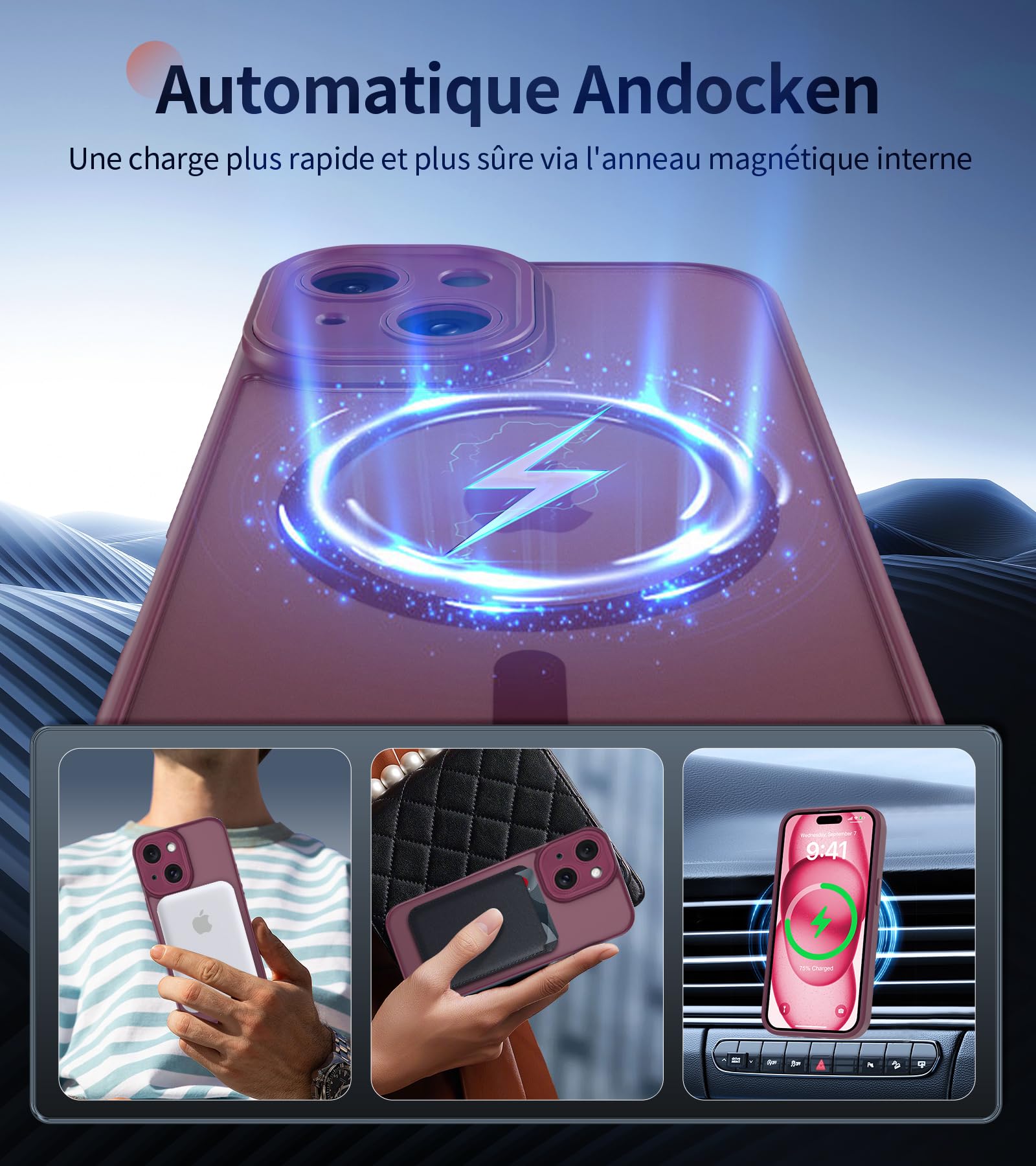 FLLAO Cover Magnetica per iPhone 15 Custodia e 2 Pellicole in Vetro Temperato, Cover iPhone 15 Compatibile con Magsafe, Traslucida Opaca Posteriore Sottile Antiurto Protettiva Case, Rosso Scuro