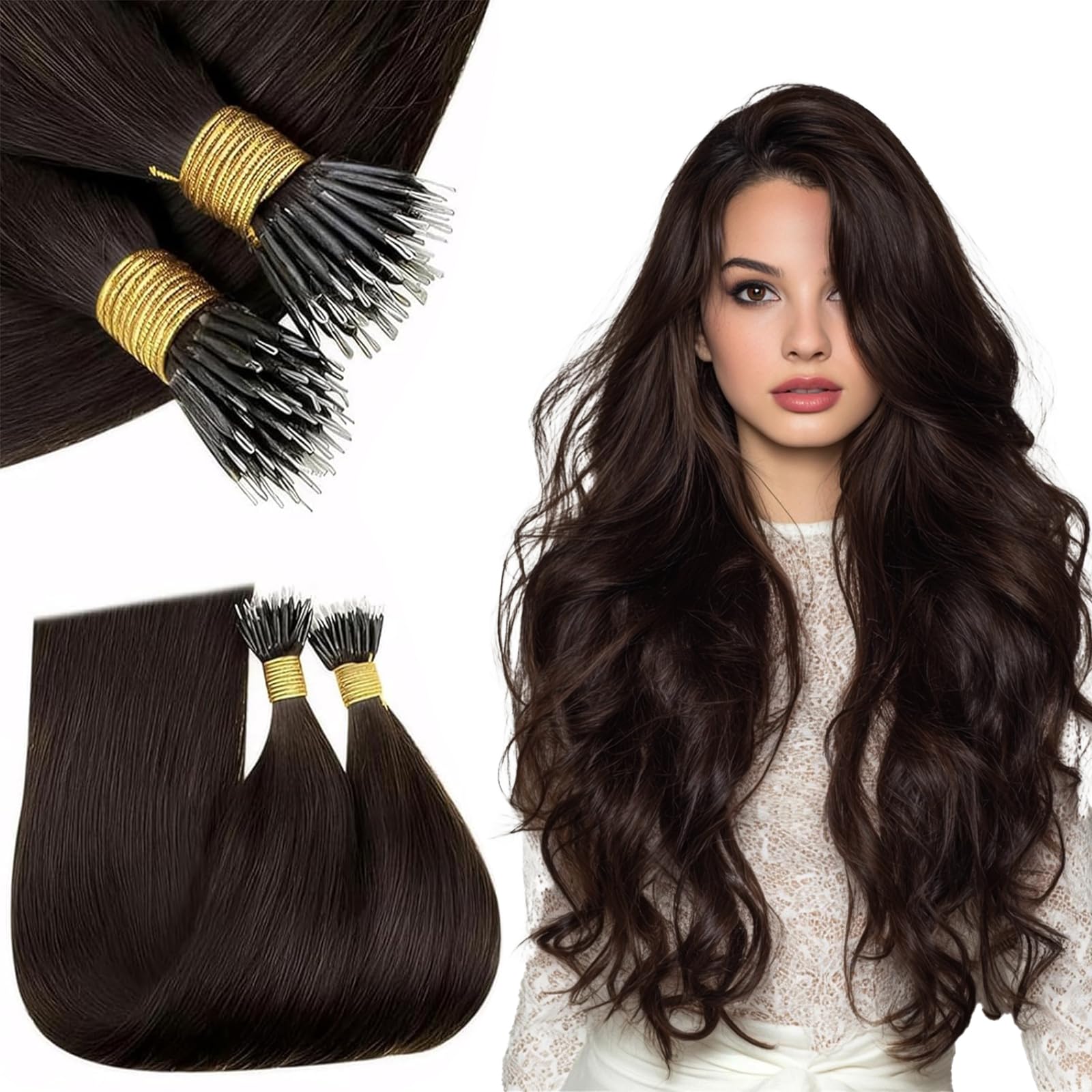 RUNATURE 18 Inch Nano Hair Extensions Real Human Hair Black Balayage Brown Nano Beads Hair Extensions Real Human Hair Ombre Blonde Invisible Straight Remy Nano Rings Hair 50g 50s #1b/4/27 — view 10