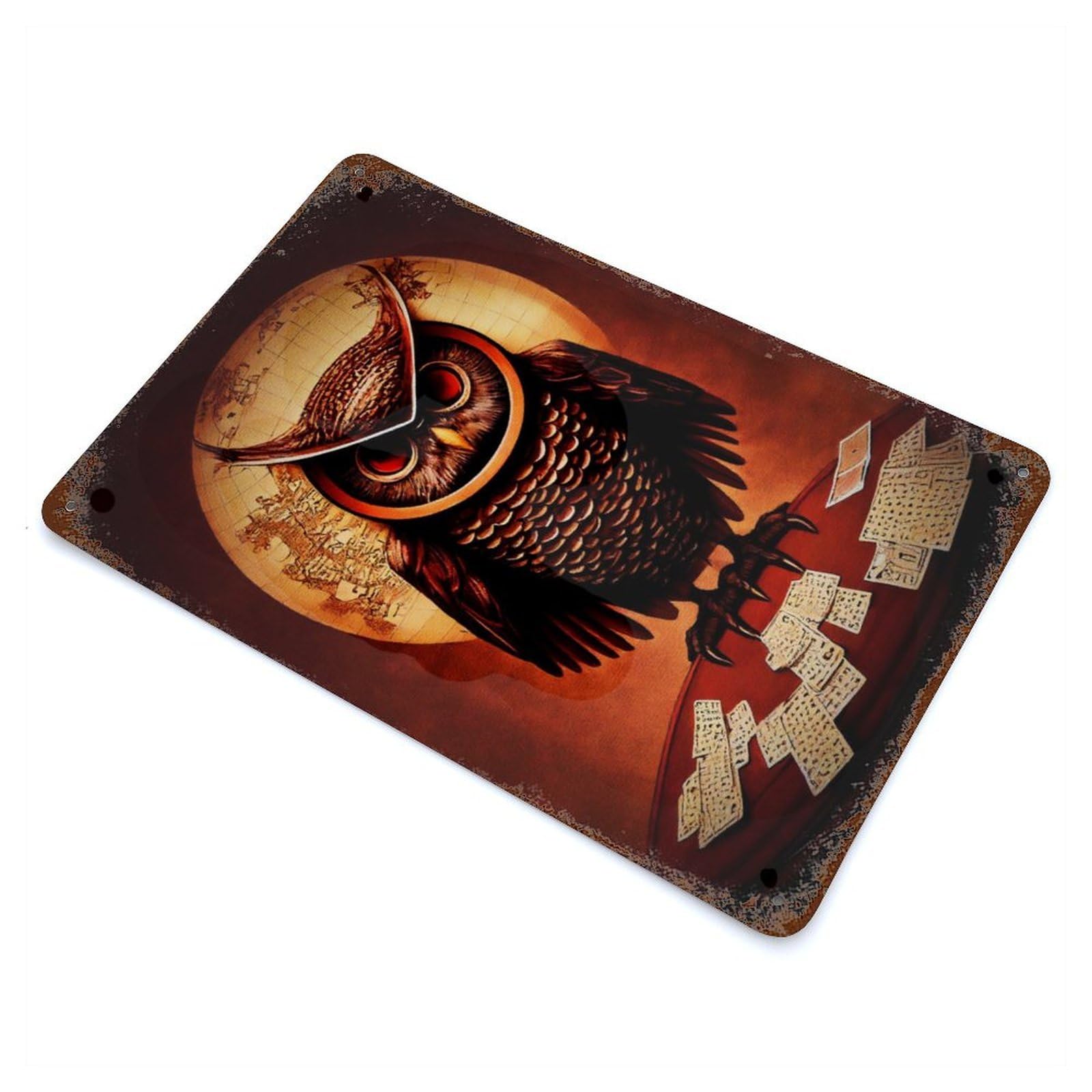 Lucky Owl Painting Aged Metal Wall Plaque 11.8"x7.9", Decorative Metal Wall Art for Garage, Pub Or Kitchen