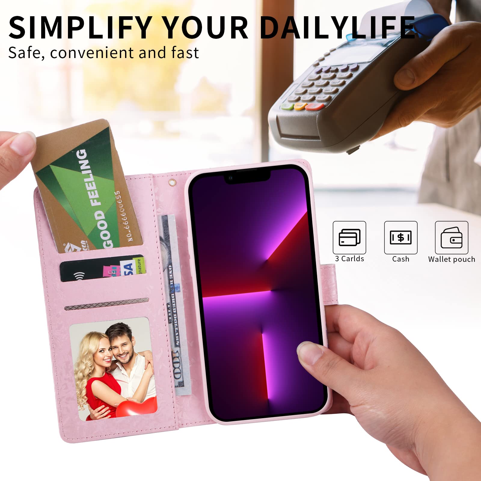 UEEBAI Wallet Case for iPhone 12/iPhone 12 Pro 6.1 inch, PU Leather Phone Case Kickstand RFID Blocking Flip Case with Card Slots Wrist Strap Relief Engraved Pattern Magnetic Closure Folio Case - Vine