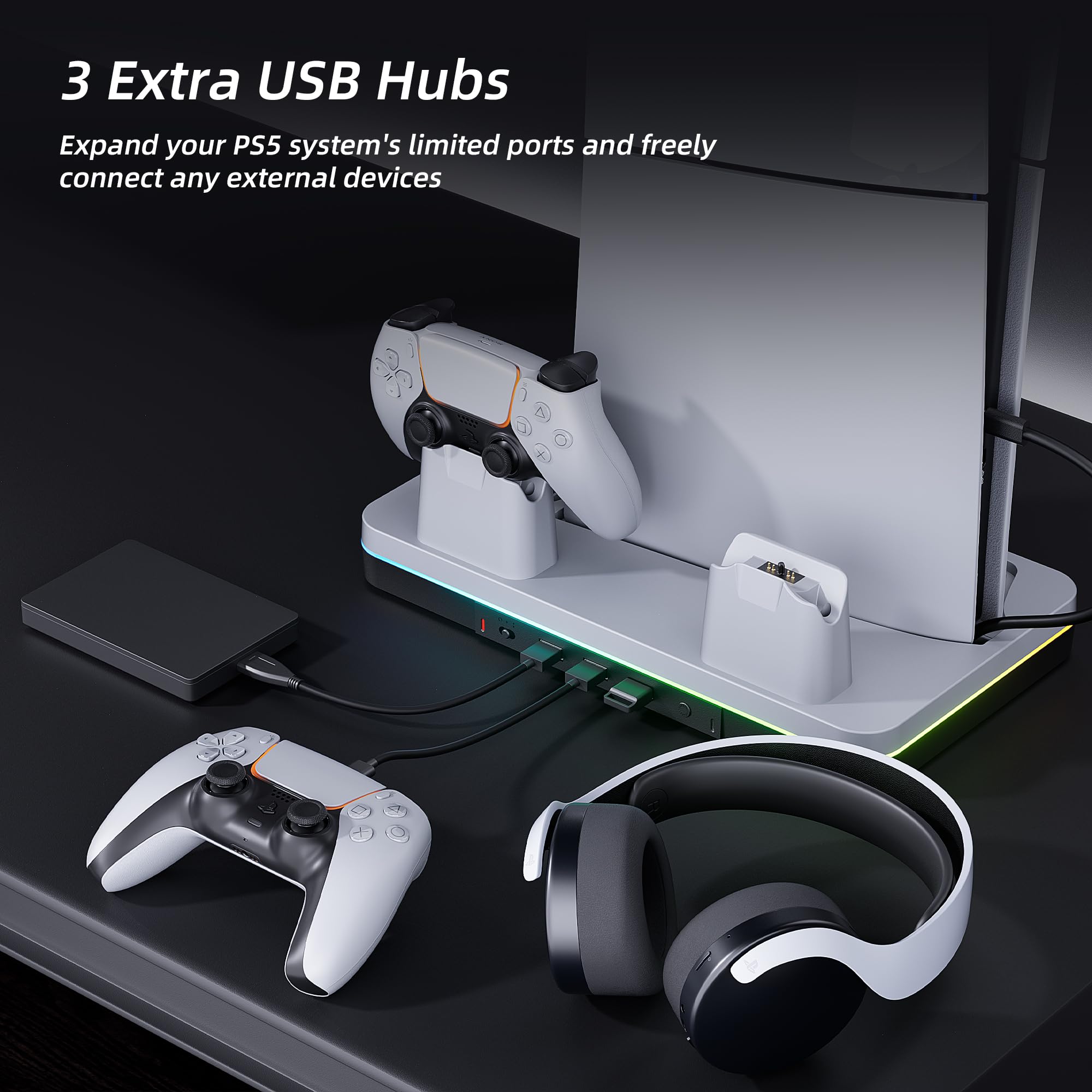 Mytrix Fast Charging Stand RGB Cooling Fan for PS5 Slim Console (Disc & Digital), with Controller Charging Station, Controller Charger, 3 Speeds Cooling Fan, Headset Holder, RGB Lights & 3 USB Ports