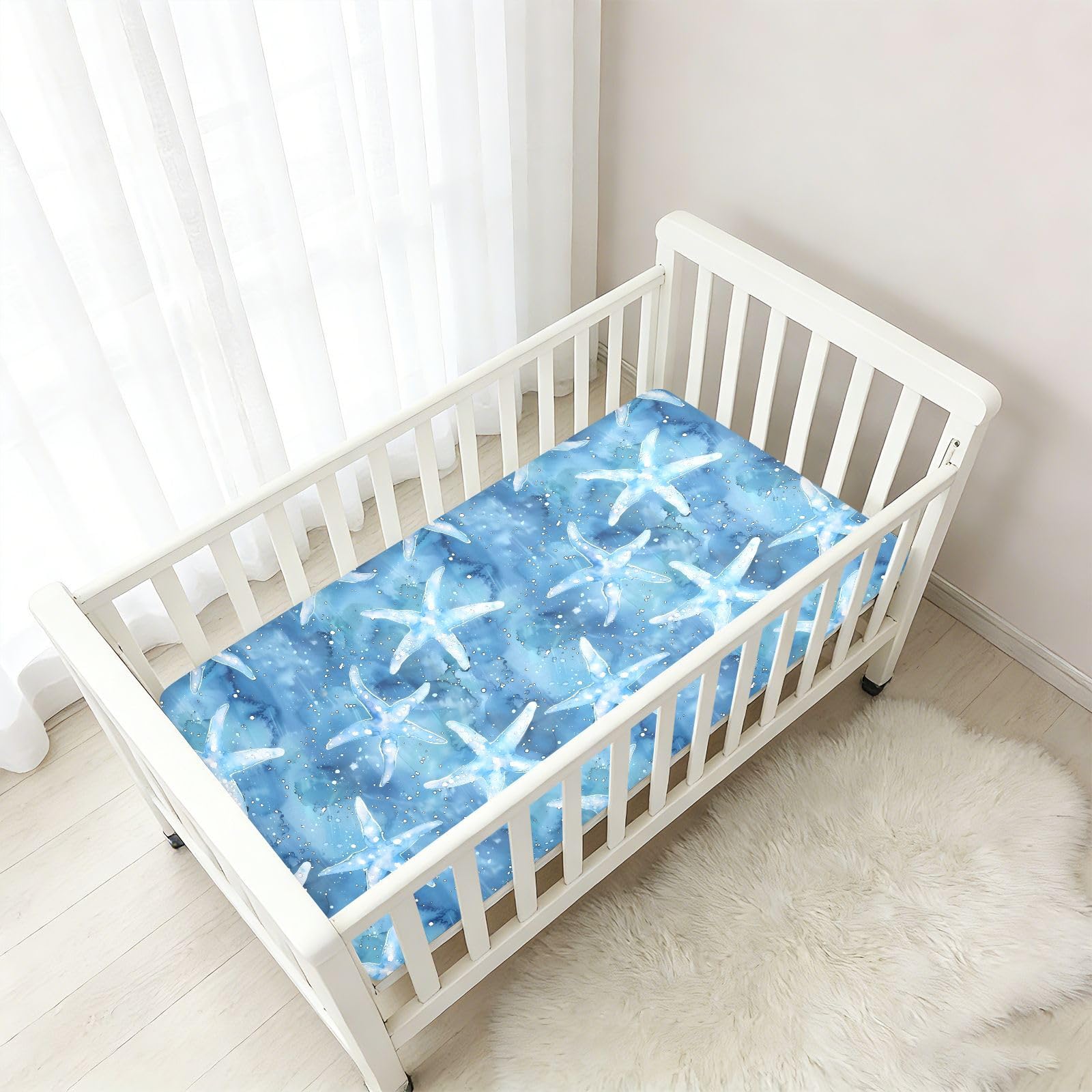 Drap-housse pour berceau de bébé motif étoile de mer sur fond bleu aquarelle 71,1 x 132,1 cm