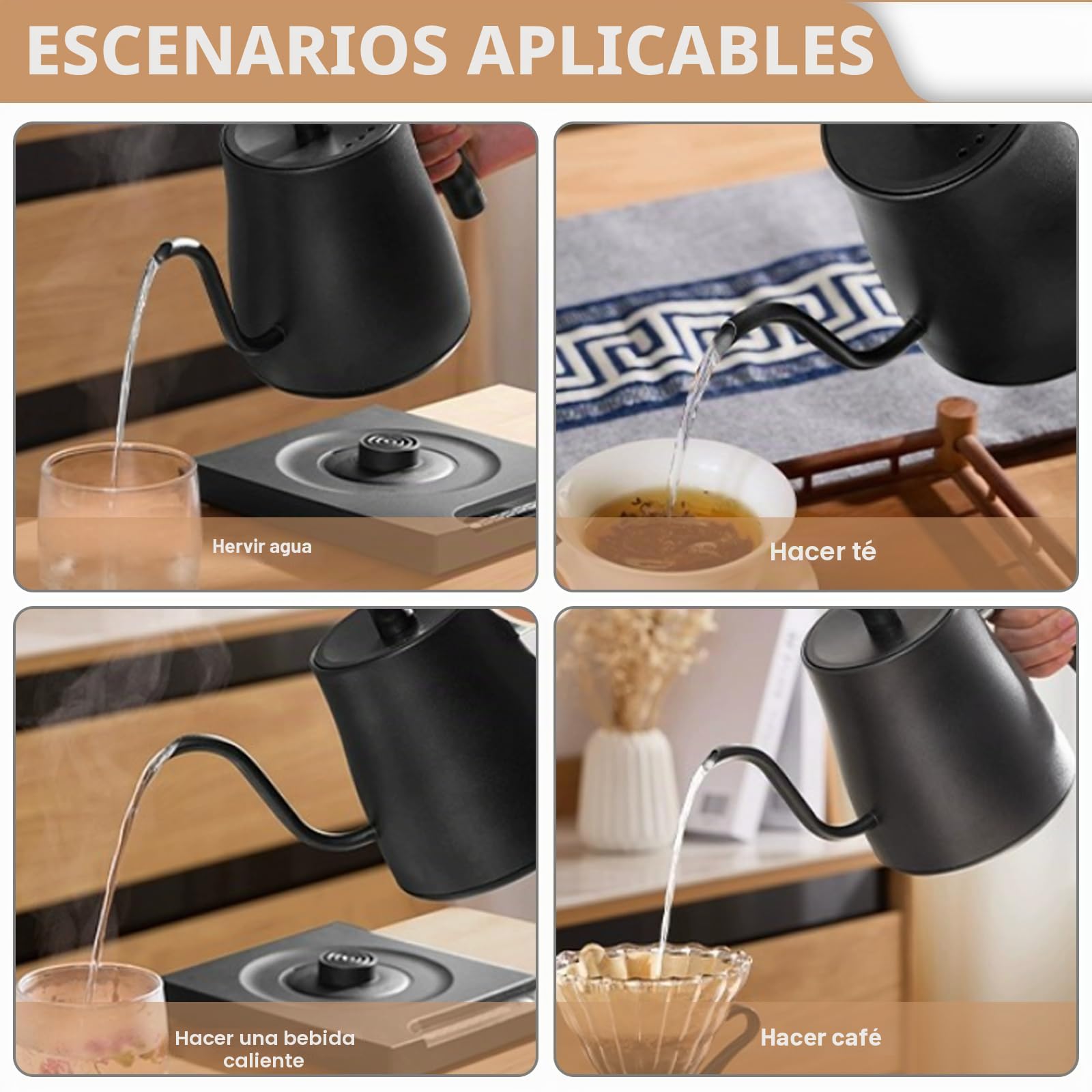 1L Hervidor de agua de acero inoxidable: Hervidor de agua de cuello de cisne, 45-100°C Regulación inteligente de temperatura, 1000W Hervidor eléctrico para el hogar y preparación de café, negro