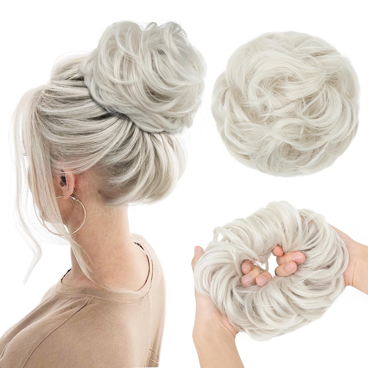 CJL HAIR Large Messy Bun Hair Piece Wavy Curly Scrunchies Synthetic Chignon Ponytail Hair Extensions Thick Updo Hairpieces for Women Ice Blonde