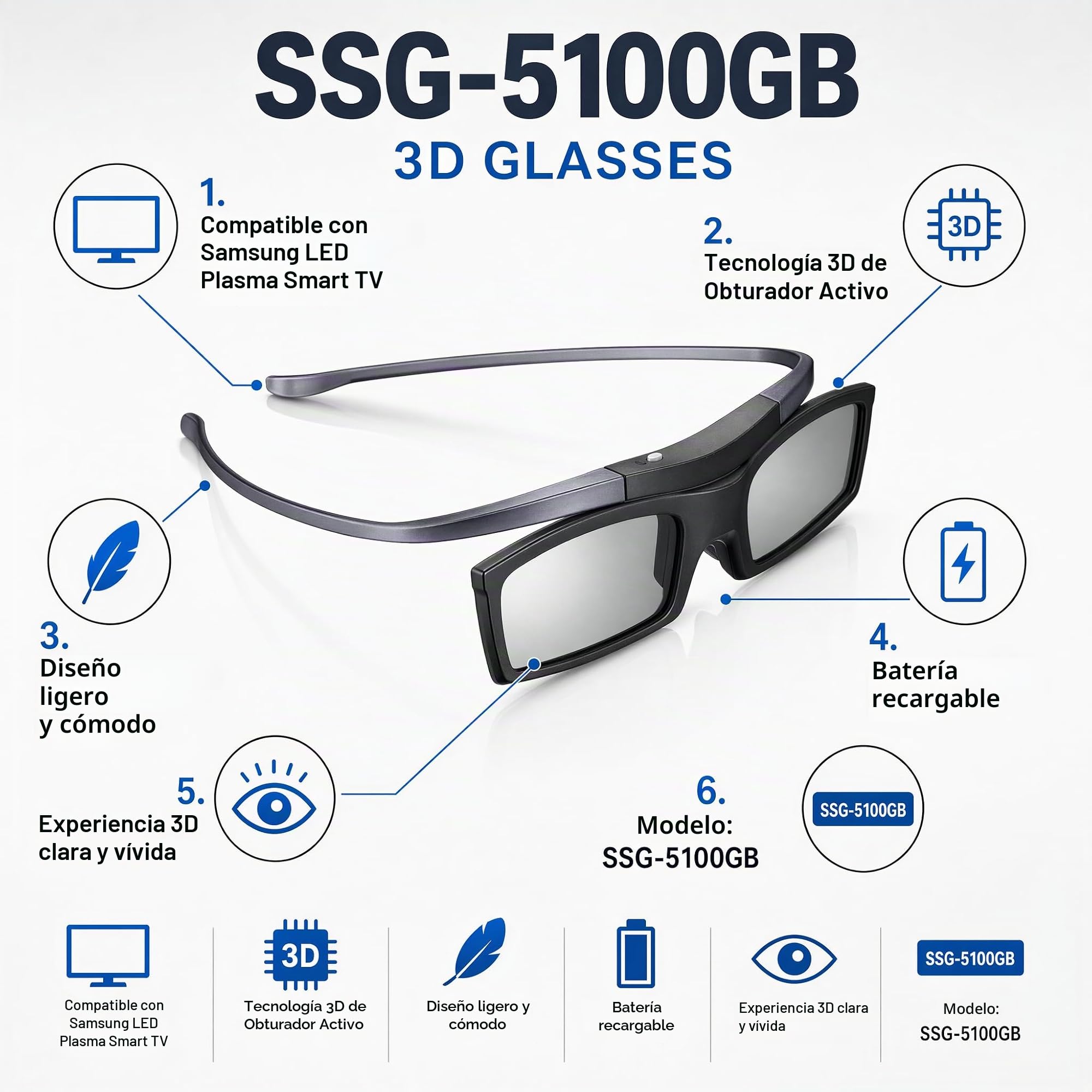 4 gafas de obturador activo 3D SSG5100GB para TV Samsung SSG-5100GB