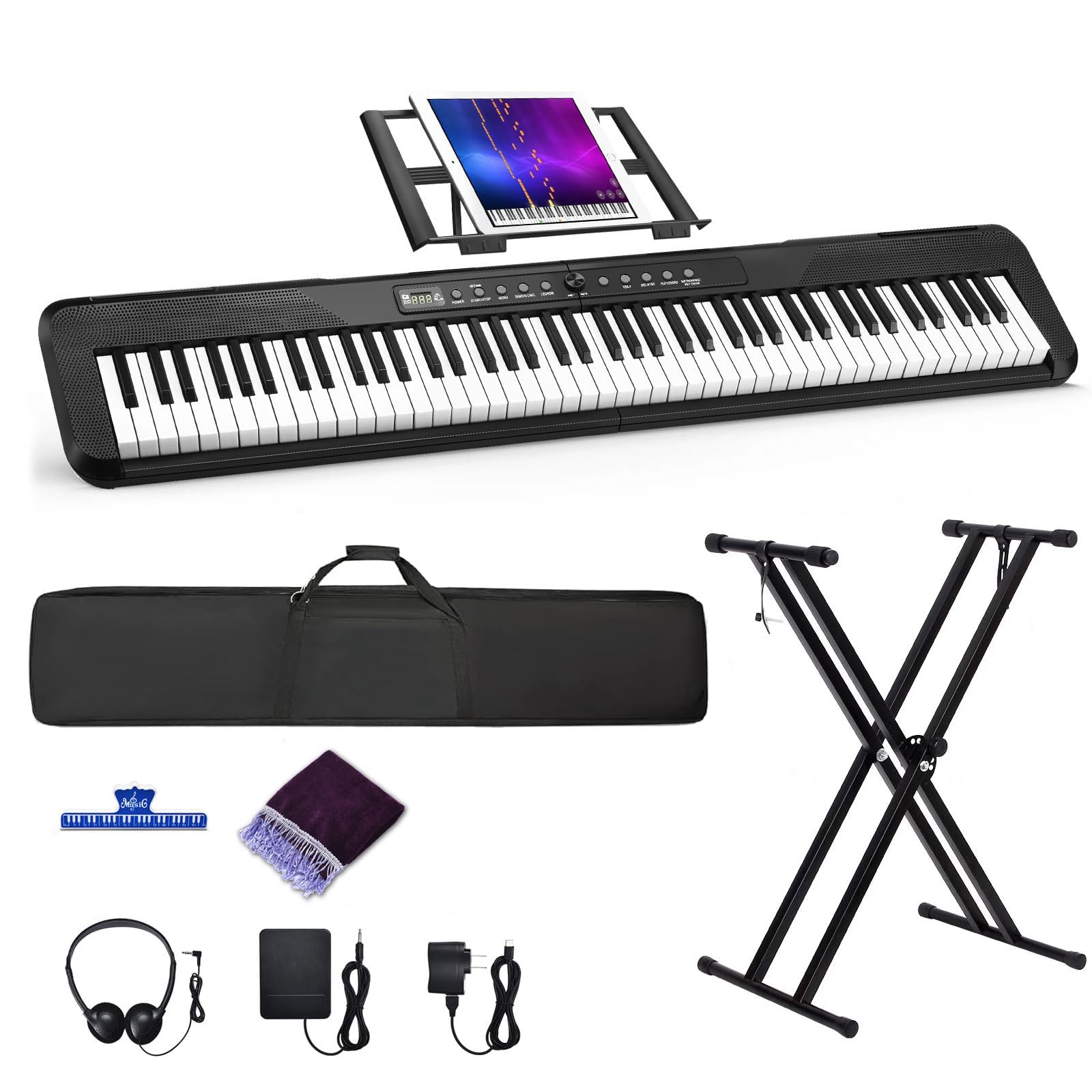 88 Key Digital Piano, Semi Weighted Electronic Keyboard Piano with Music Stand, Power Supply, Sustain Pedal, Stand, Bluetooth, Carrying Case, Headphones, USB-MIDI, Piano Lessons for Beginners