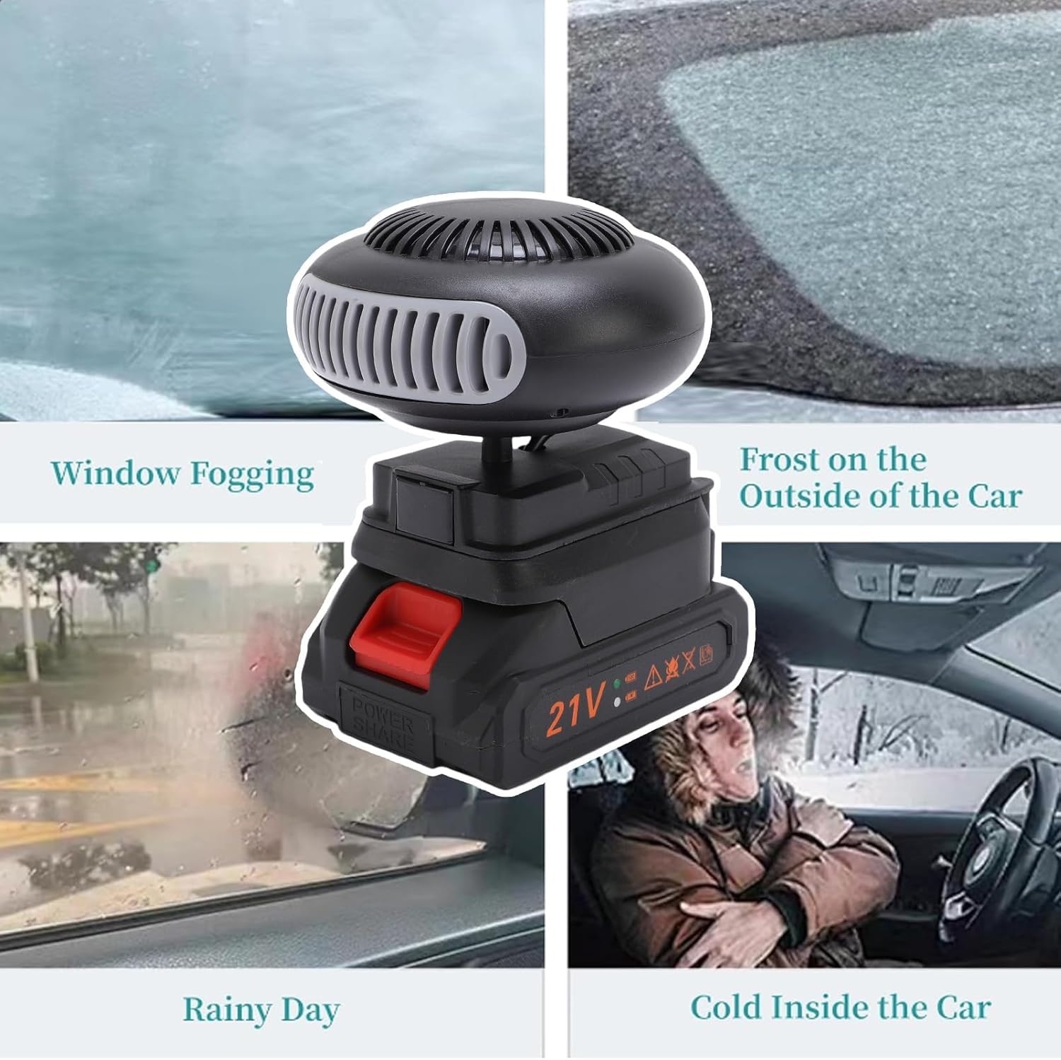 Chauffage D'appoint Alimenté par Batterie Rechargeable, Chauffage Voiture Sans Fil Portable, Dégivrage Rapide Désembueur, pour Camping-car, Maison, Bureau, Atelier (Deux batteries)
