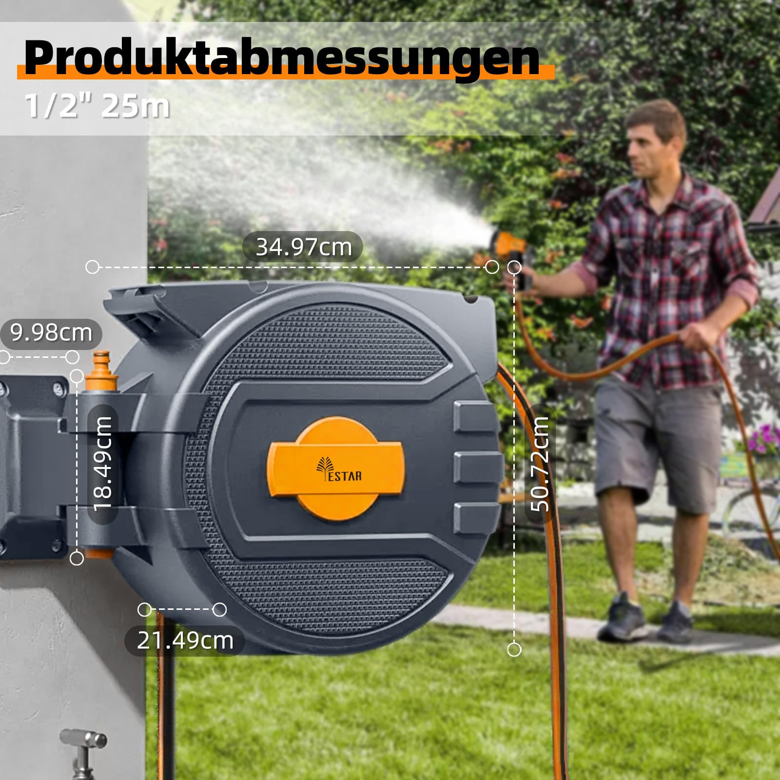 Schlauchtrommel 25m+2m, Schlauchaufroller mit Aufroll-Automatik & 180° Schwenkbar, Wand-Schlauchbox mit Arretierstop & 7 Muster Sprühdüse, für Gartenbewässerung & Autowäsche