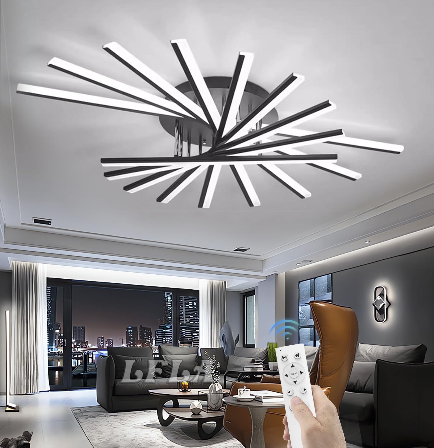 Dimmbare LED Wohnzimmerlampe Große Moderne Deckenleuchte Kreative Feuerwerk Design Deckenlampe mit Fernbedienung Augenpflege Esszimmer Schlafzimmer Deckenbeleuchtung (Schwarz, 9-Flammen,120W,120cm)