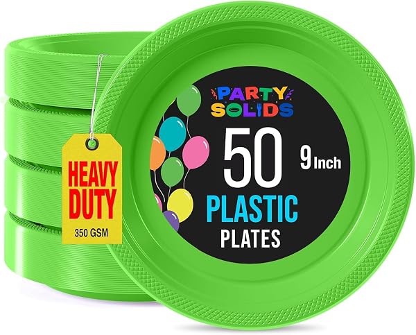 Vibrant lime green disposable plates from Exquisite, designed for heavy-duty party use.