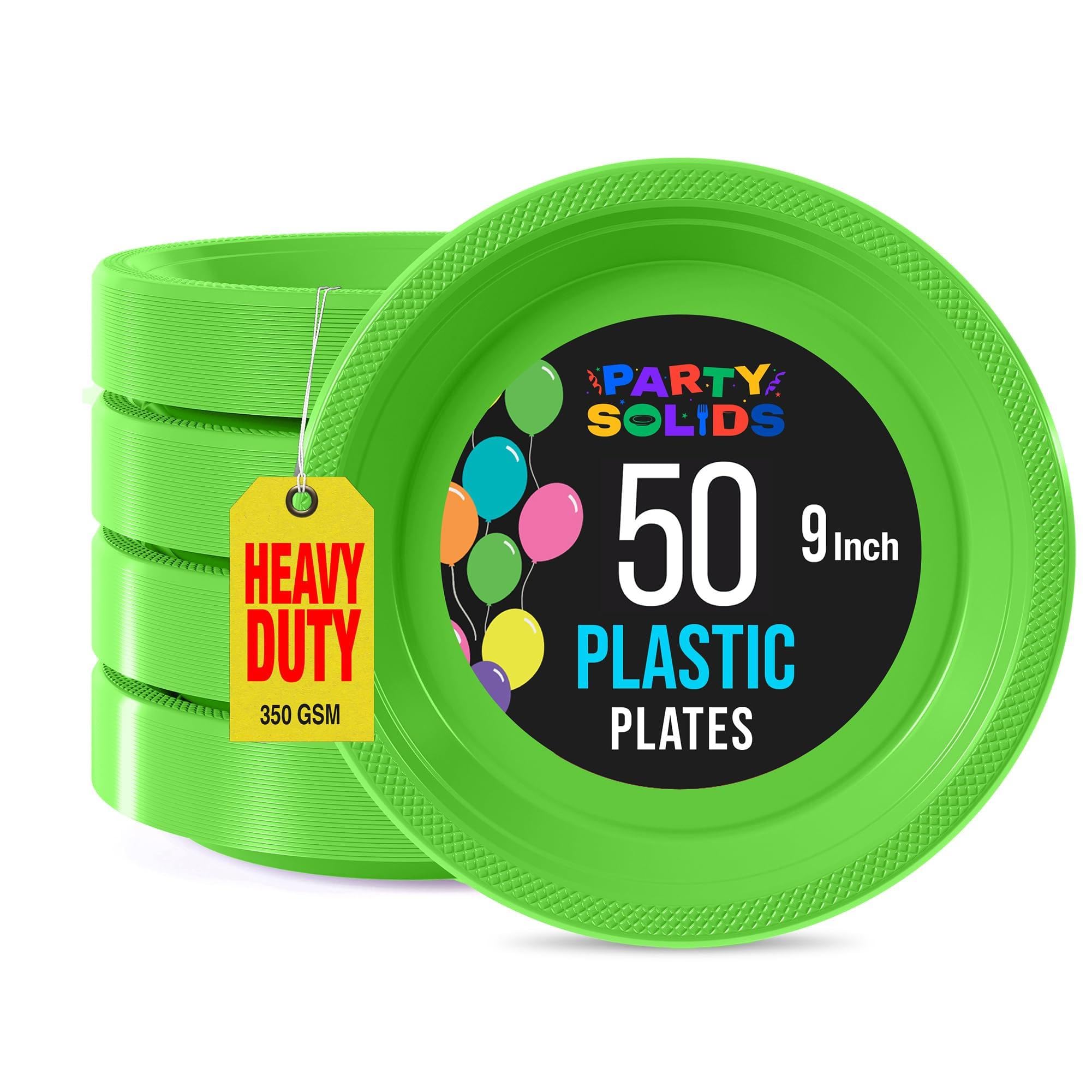 Vibrant lime green disposable plates from Exquisite, designed for heavy-duty party use.