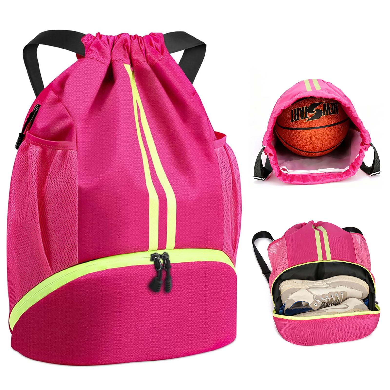 Fjquamitix Drawstring Bags,Waterproof PE Bag,Sports Swimming Backpack Large Unisex Gym Bag with Shoe Compartment Wet And Dry Separation For Travel, School, Beach,Sports (Rose Red)