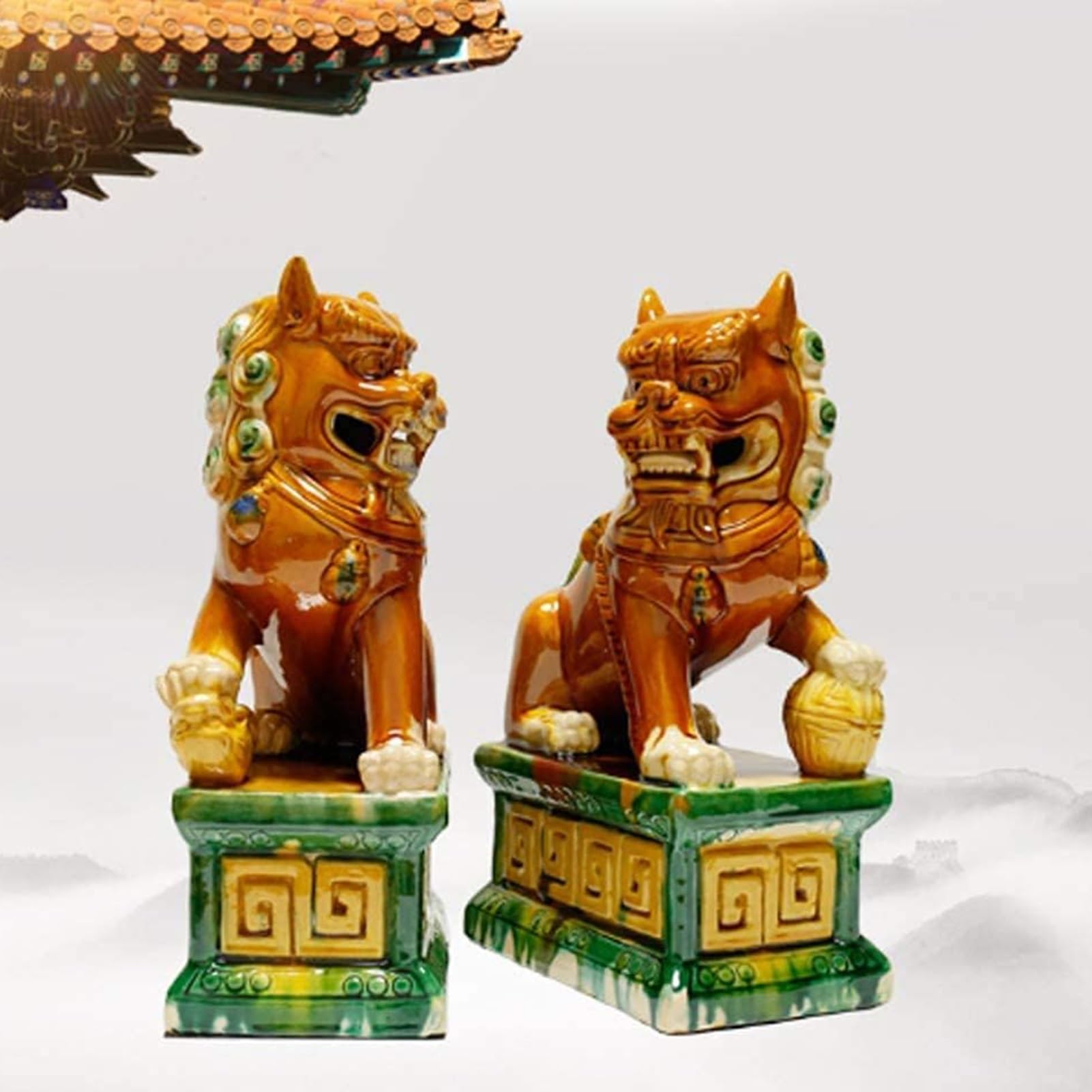 Zewnętrzny posąg ogrodowy - Feng Shui szczęśliwy posąg Para psów Fu Foo, tradycyjna chińska rzeźba strażnika lwa, z kamiennym wykończeniem Feng Shui Decor