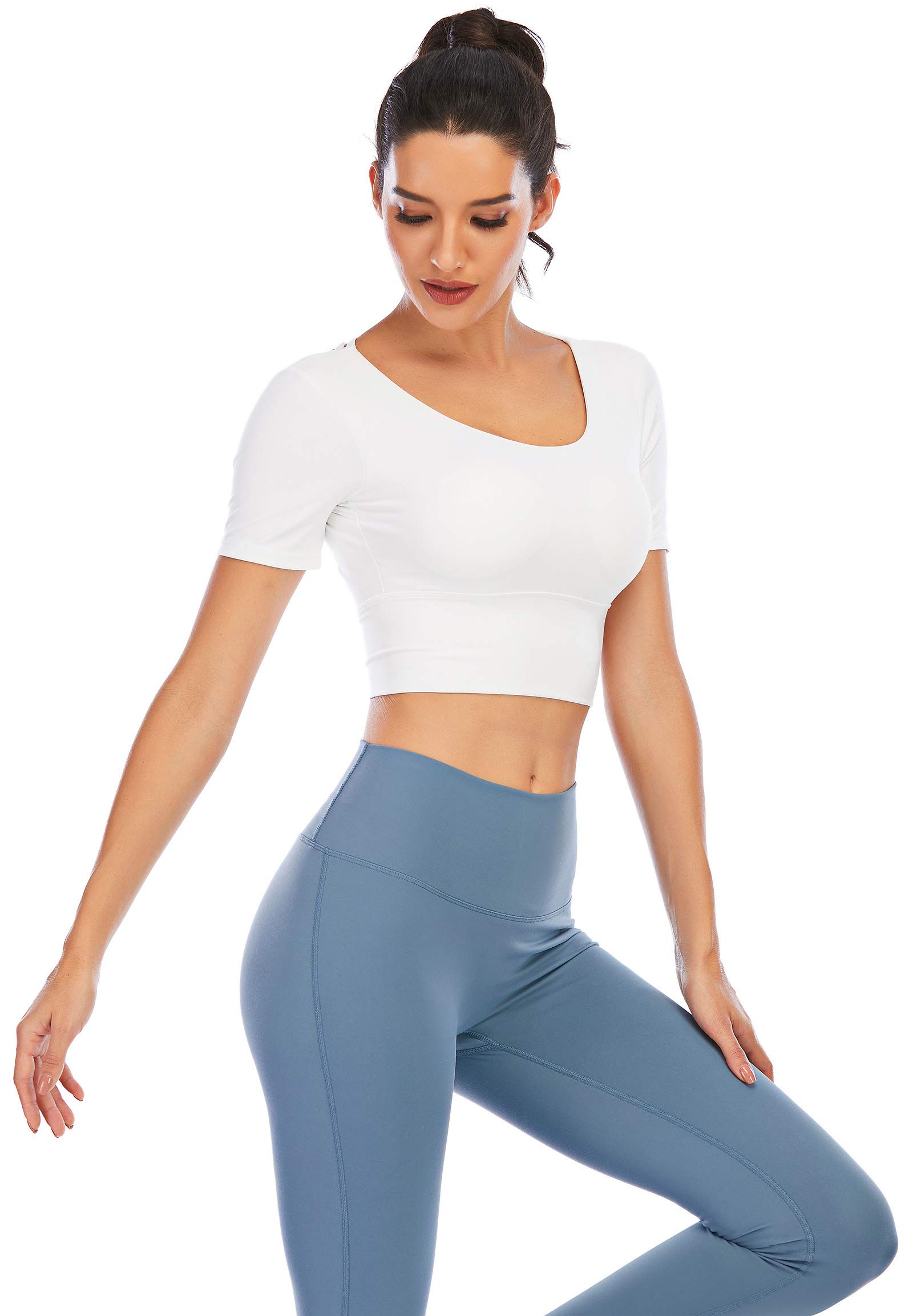 ECUPPER Women Long Sleeve Workout Tops Backless Yoga Gym Shirts Athletic Crop Top with Built in Bra for Fitness Sports