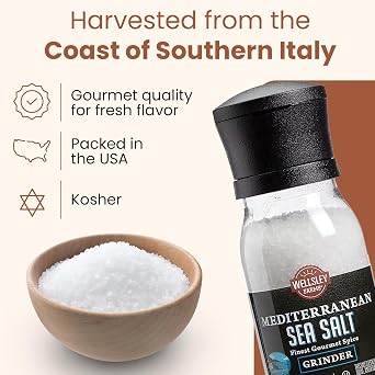 Wellsley Farms Mediterranean Sea Salt Grinder - Non-GMO, Kosher Salt Coarse - Built-In Grinder for Fresh Sea Salt - Mediterranean Seasoning Ideal for Cooking, Grilling, Baking & More - 14.6oz (1 Unit)