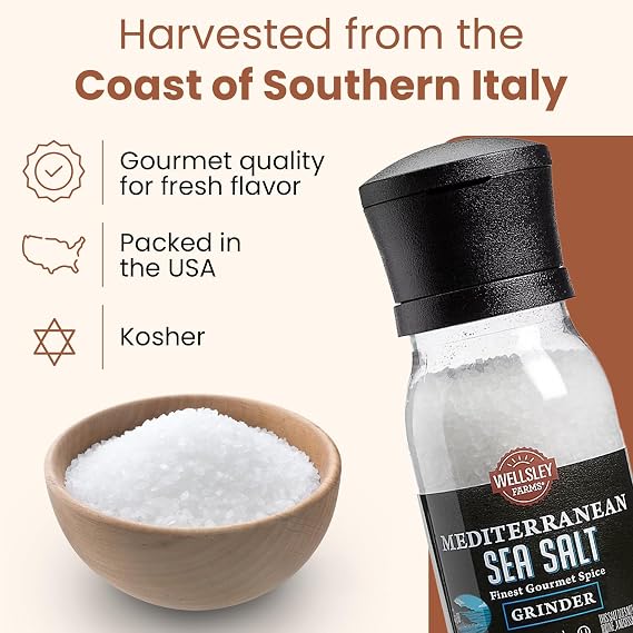 Wellsley Farms Mediterranean Sea Salt Grinder - Non-GMO, Kosher Salt Coarse - Built-In Grinder for Fresh Sea Salt - Mediterranean Seasoning Ideal for Cooking, Grilling, Baking & More - 14.6oz (1 Unit)