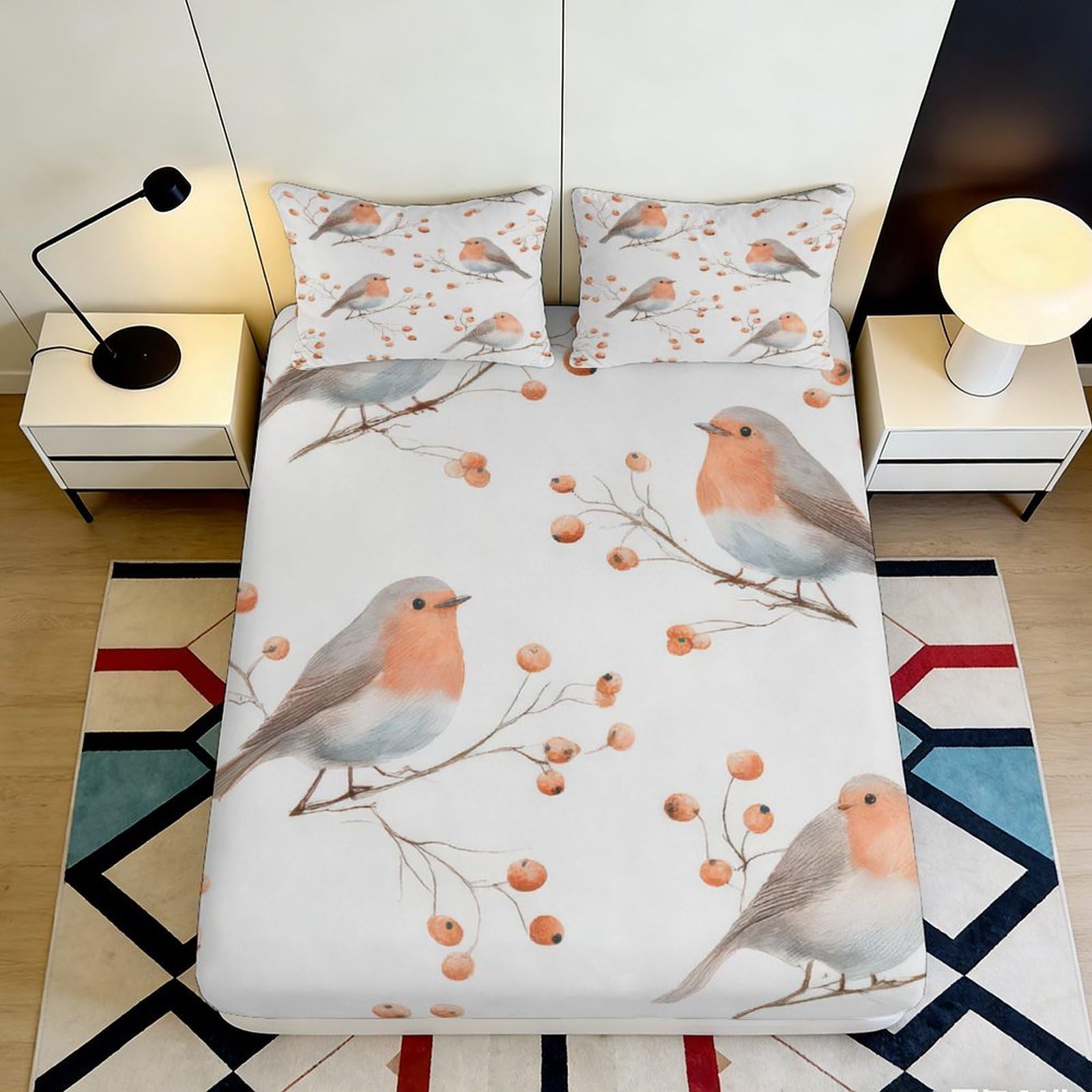 3D Printed Robin Bird Fitted Sheet Microfiber Soft Breathable Berries Bed Cover for Bedroom Dormitory Guest Room Mattress Protection Decor 120x200x25cm