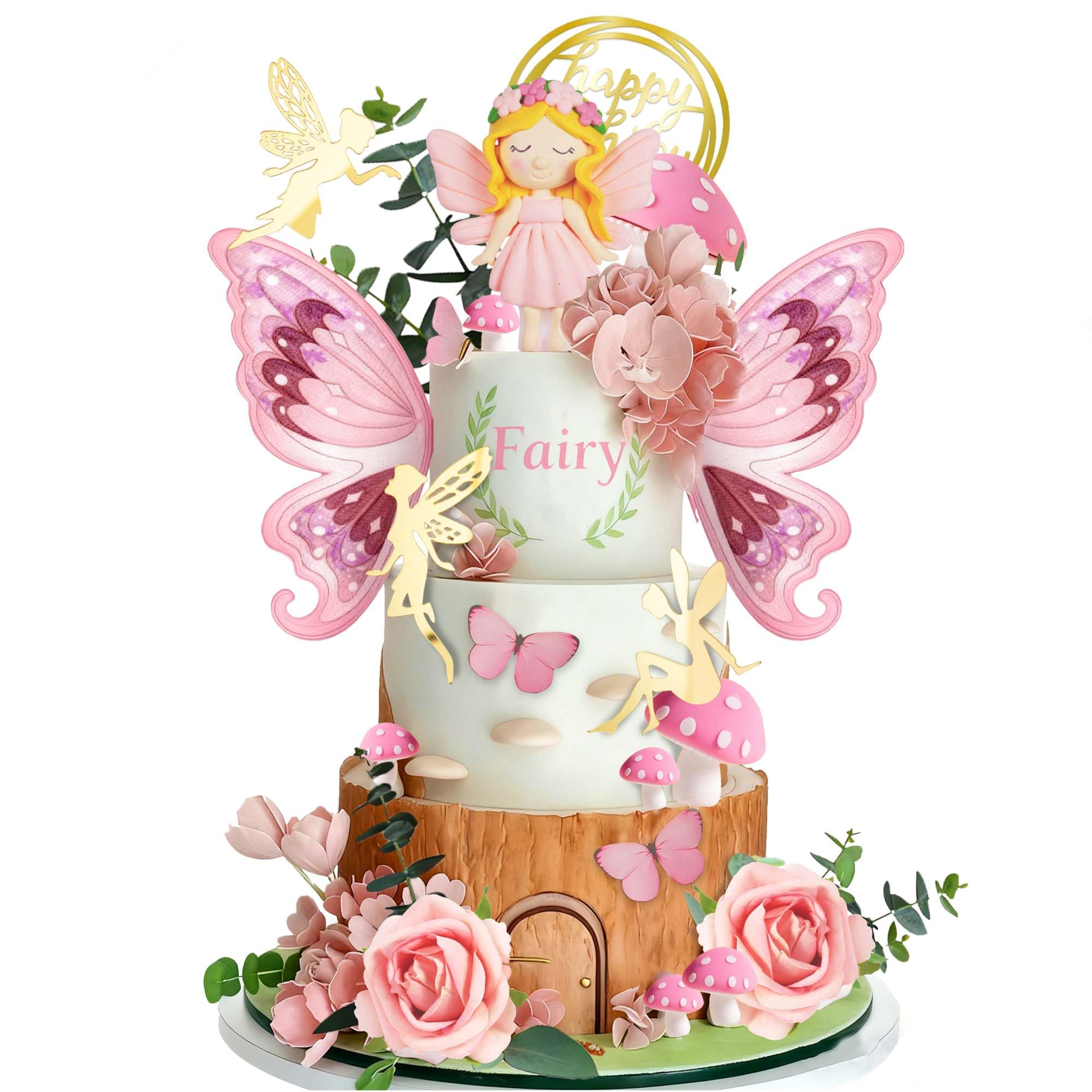 Fairy Cake Toppers Pink Mushroom Flowers Butterfly Cake Decorations for Fairy Spring Garden Birthday Supplies