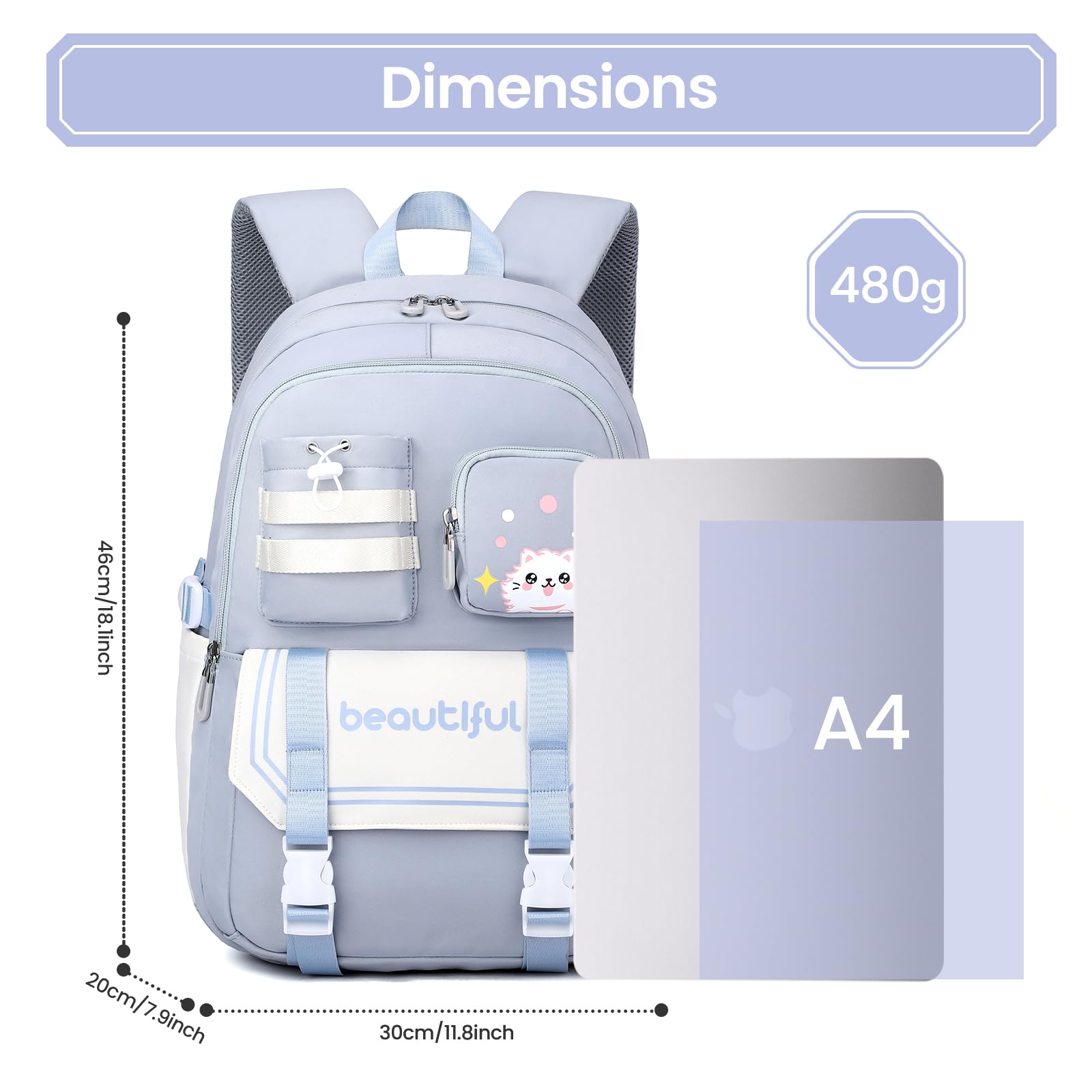 IvyH Sac A Dos pour Enfant Adolescentes Cartable Fille Primaire, Kawaii Sac D'école pour Fille Garçon 8 10 à 16 ans, Sac Ecole Léger et Imperméable, 30x20x46 cm, Bleu