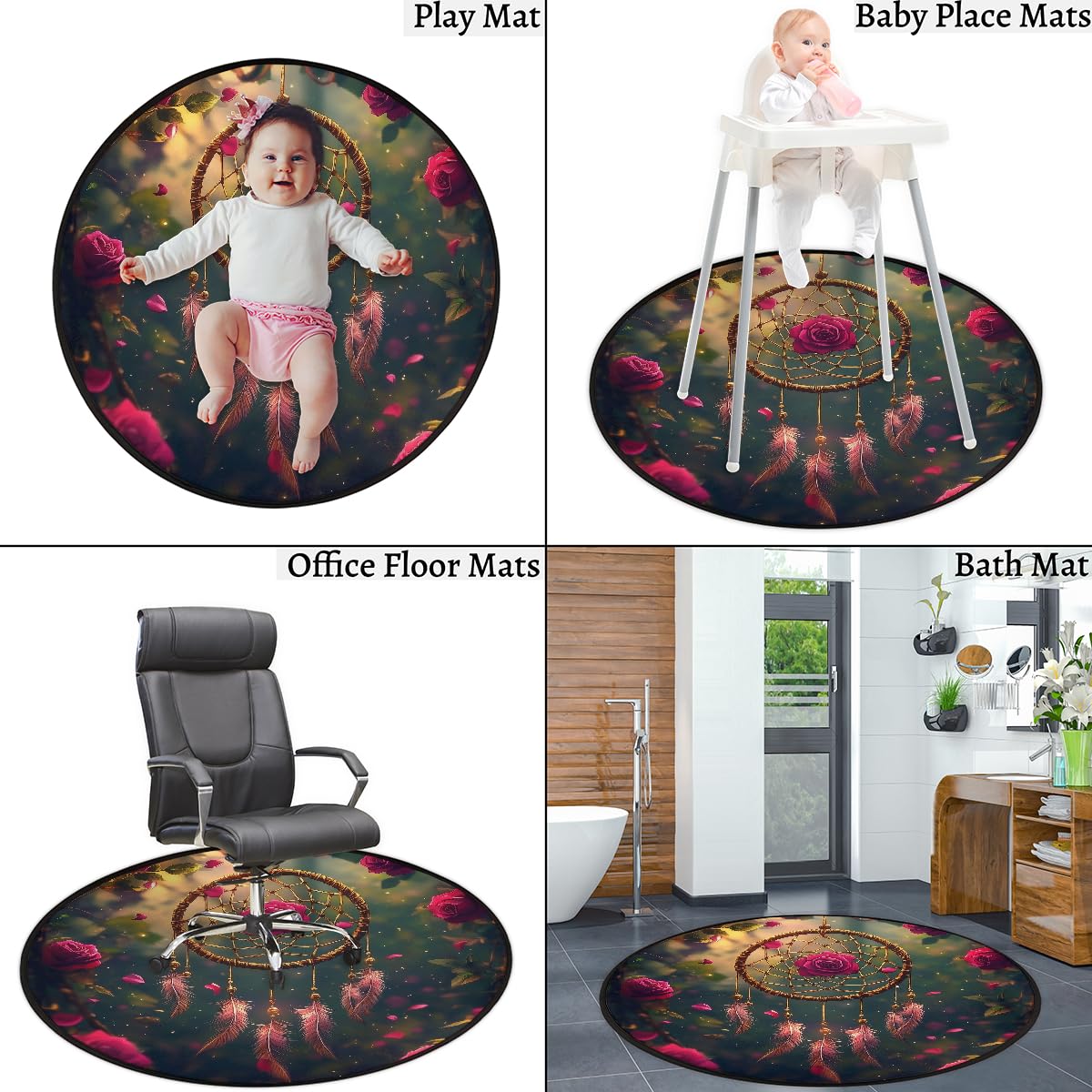 Rose Forest Traumfänger-Teppich, rund, waschbar, Gaming-Teppich für Schlafzimmer, Wohnzimmer, Arbeitszimmer, Bodenmatte, 160 cm